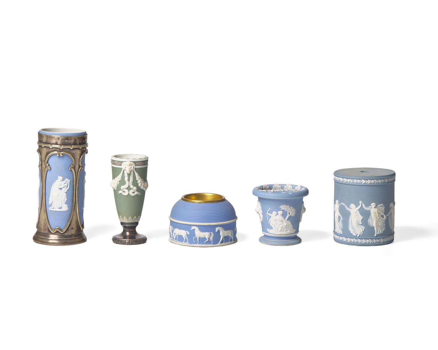 A Group of Five Wedgwood Blue and Green Jasperware Desk Articles