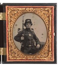 [CIVIL WAR]. Early war sixth plate tintype featuring a 5th Connecticut Infantry private holding his Springfield Rifle.