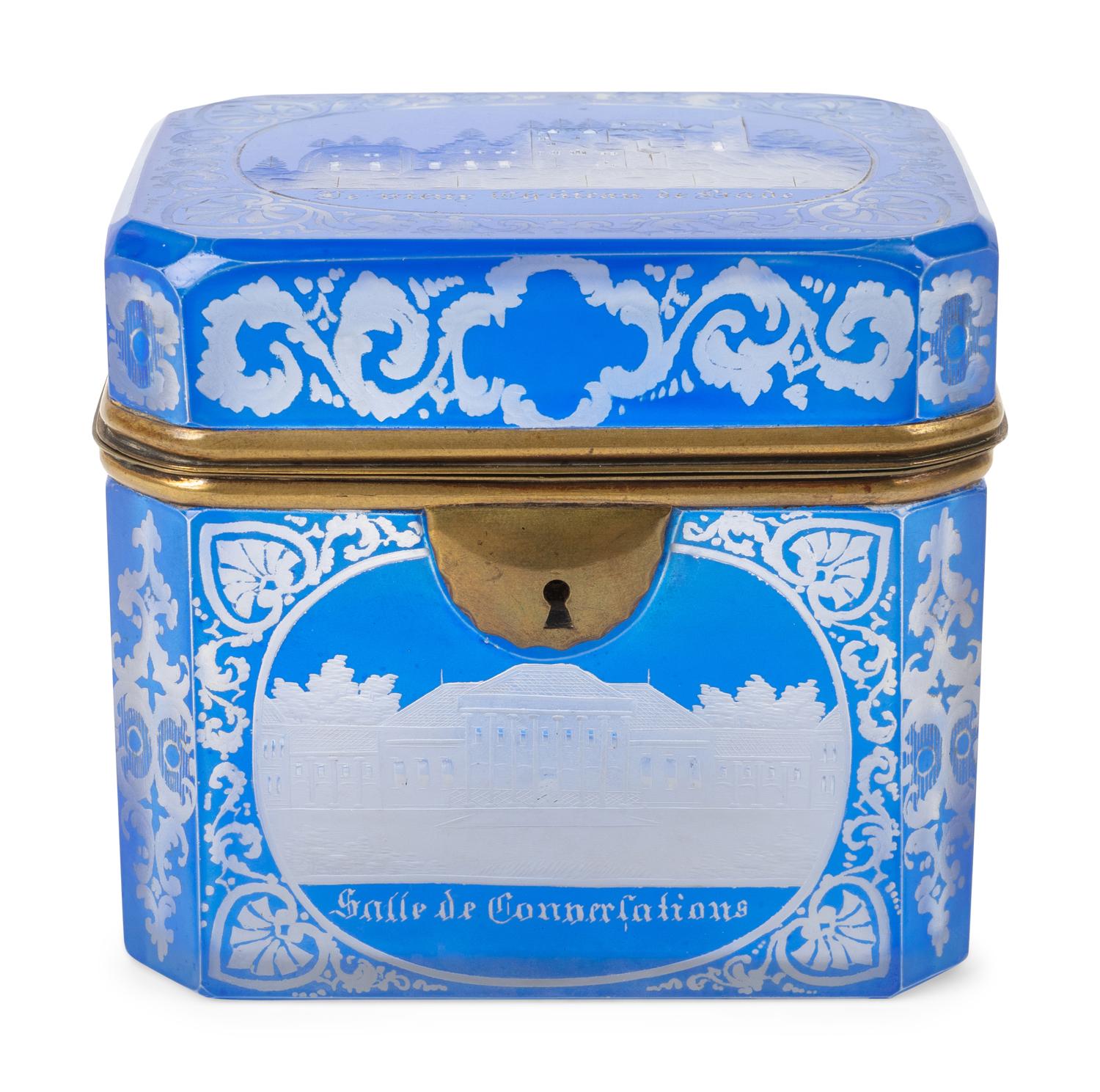 A German Engraved and Blue-Flashed Glass Box — SECOND HALF 19TH CENTURY