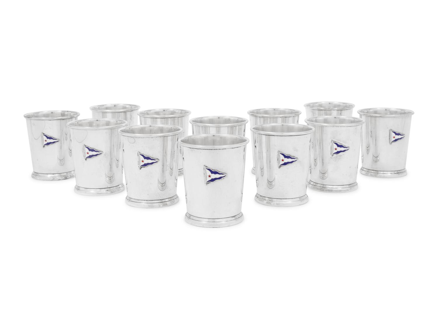 A Set of Twelve American Silver and Enamel Chicago Yacht Club Julep Cups