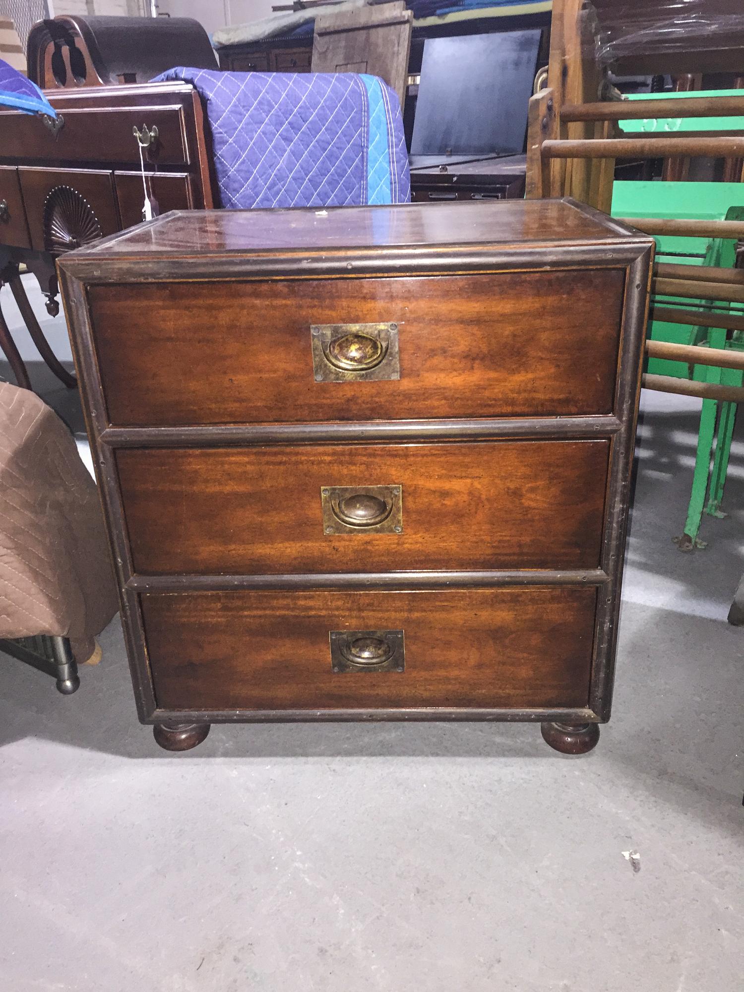 A Campaign Style Low Chest of Drawers Height 16 1/4 x width 24 x depth 18 inches. — LATE 20TH CENTURY