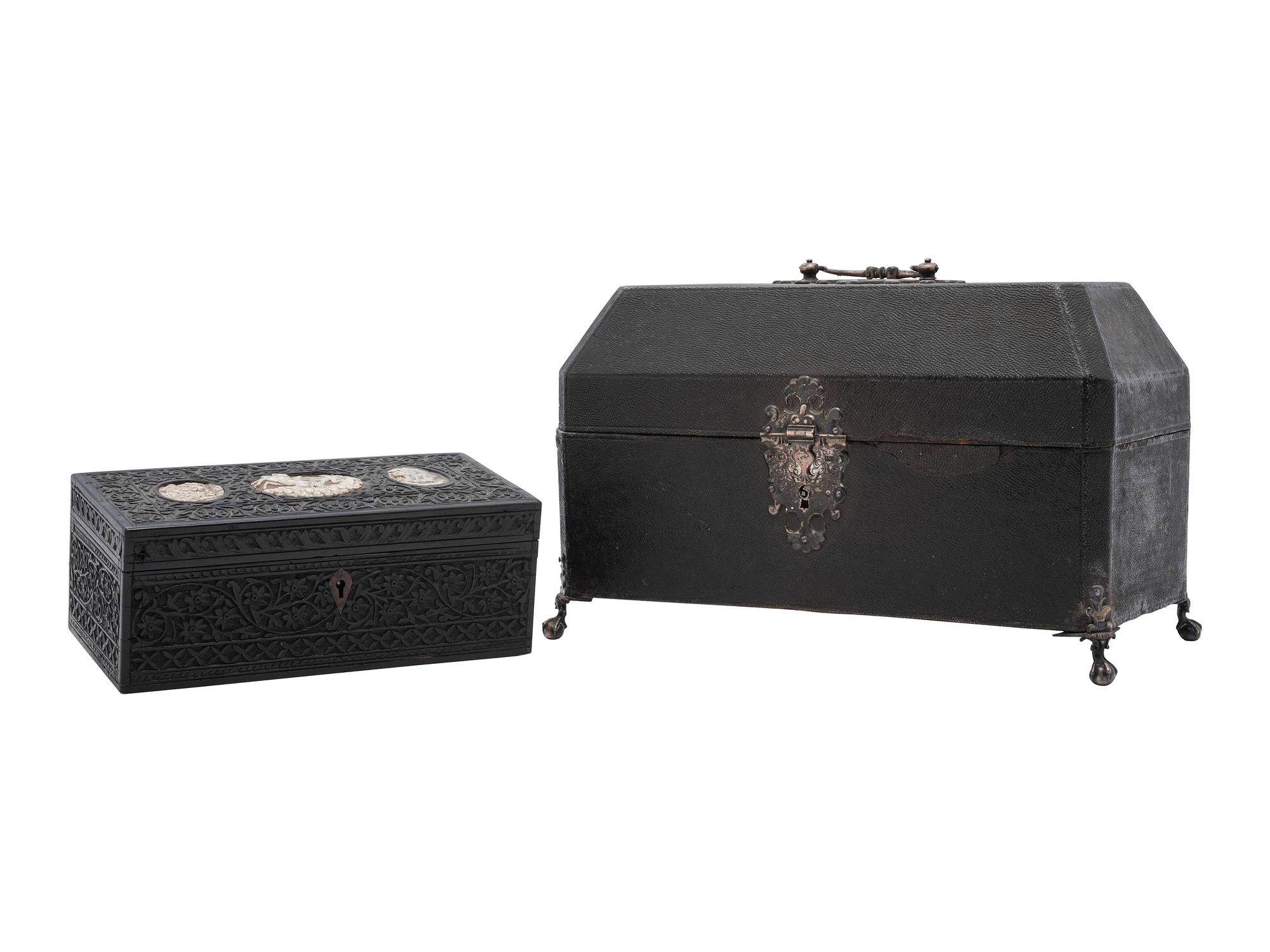 A Georgian Shagreen Silver Mounted Tea Caddy and Carved Hardwood Box