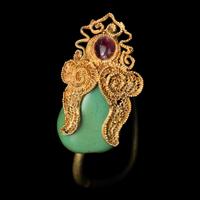A Pair of Chinese Turquoise and Gold Filigree 'Eggplant' Earrings, Erhuan, Yuan Dynasty 元 金累絲鑲綠松石天茄式耳環一對