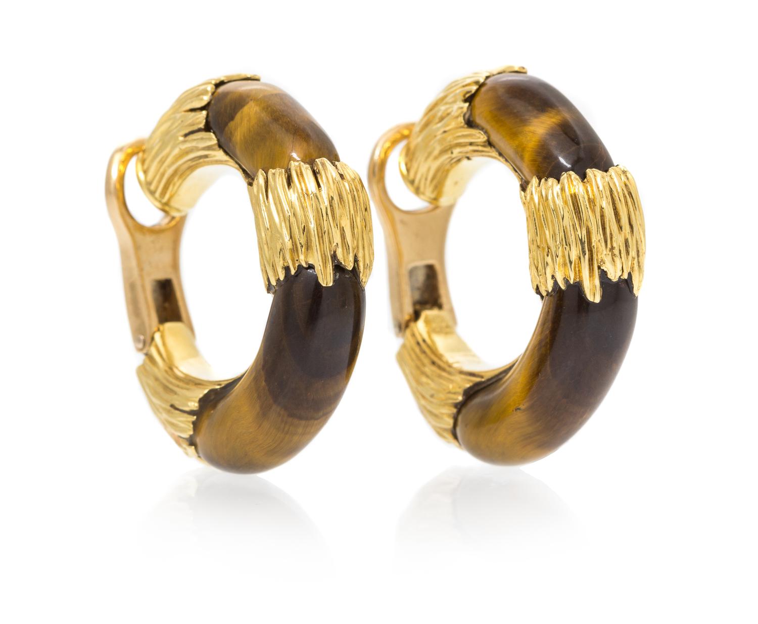 A Pair of 18 Karat Yellow Gold and Tiger's Eye Quartz Hoop Earclips, David Webb, 17.40 dwts.