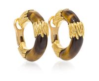 A Pair of 18 Karat Yellow Gold and Tiger's Eye Quartz Hoop Earclips, David Webb, 17.40 dwts.