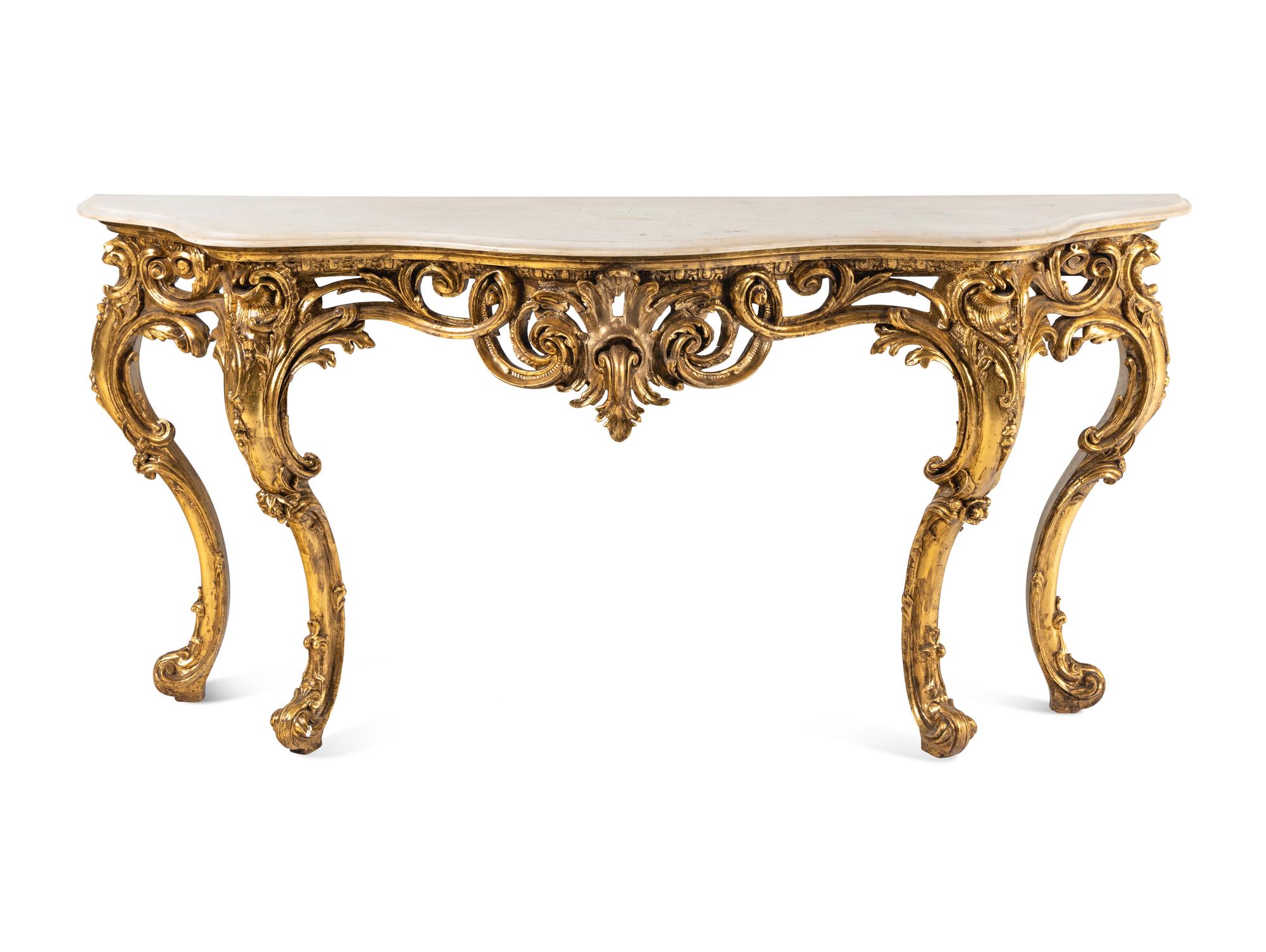 A Louis XV Style Giltwood Marble-Top Console Table