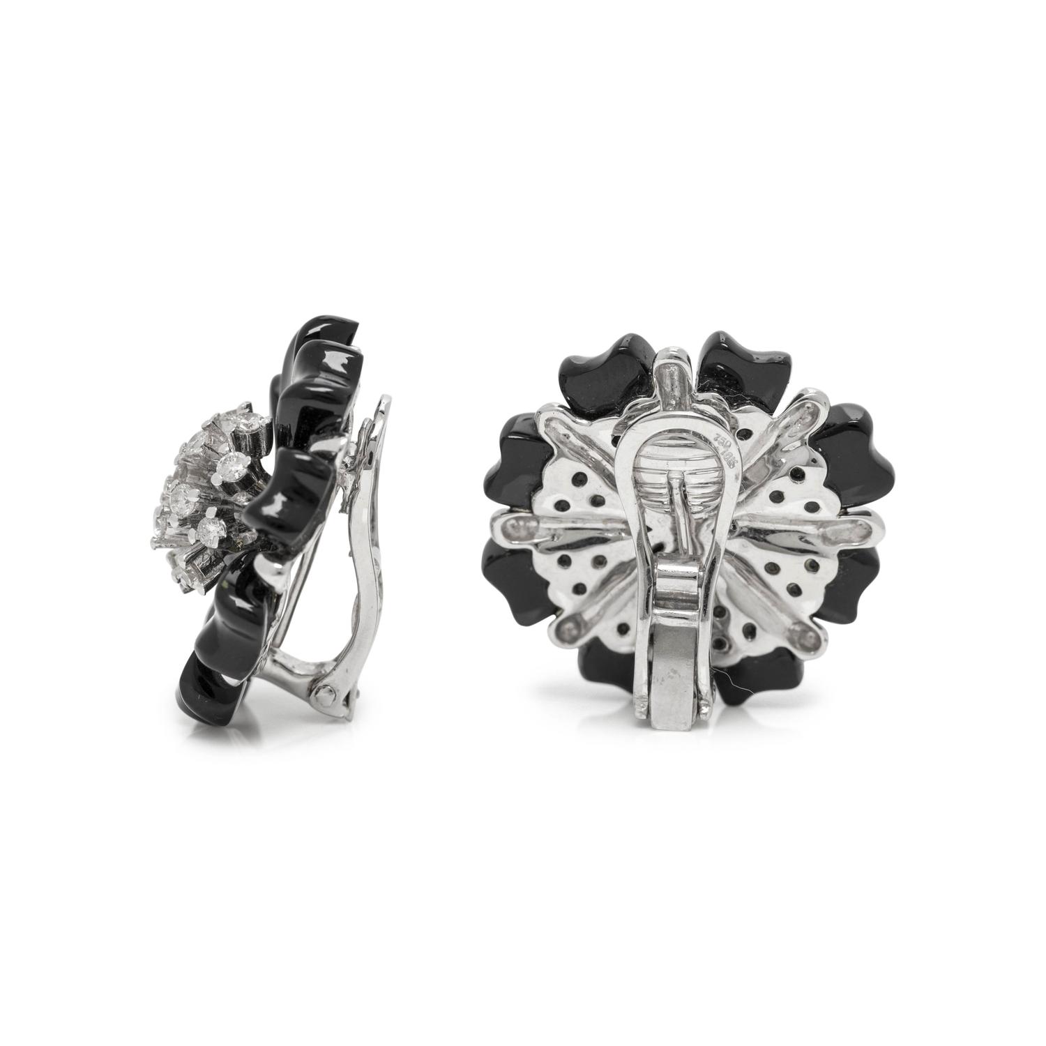 ONYX AND DIAMOND FLOWER EARCLIPS