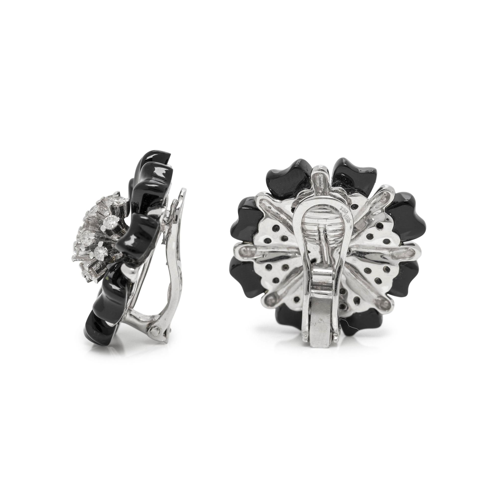 ONYX AND DIAMOND FLOWER EARCLIPS