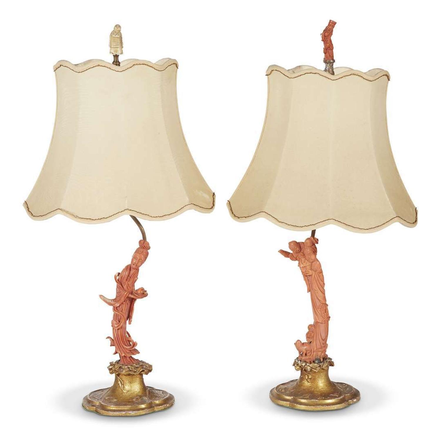An associated pair of Asian carved coral figures of meiren, now mounted as lamps in the manner of E. I. Farmer late 19th/early 20th century, the lamps circa 1920