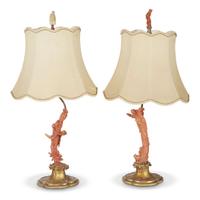 An associated pair of Asian carved coral figures of meiren, now mounted as lamps in the manner of E. I. Farmer late 19th/early 20th century, the lamps circa 1920