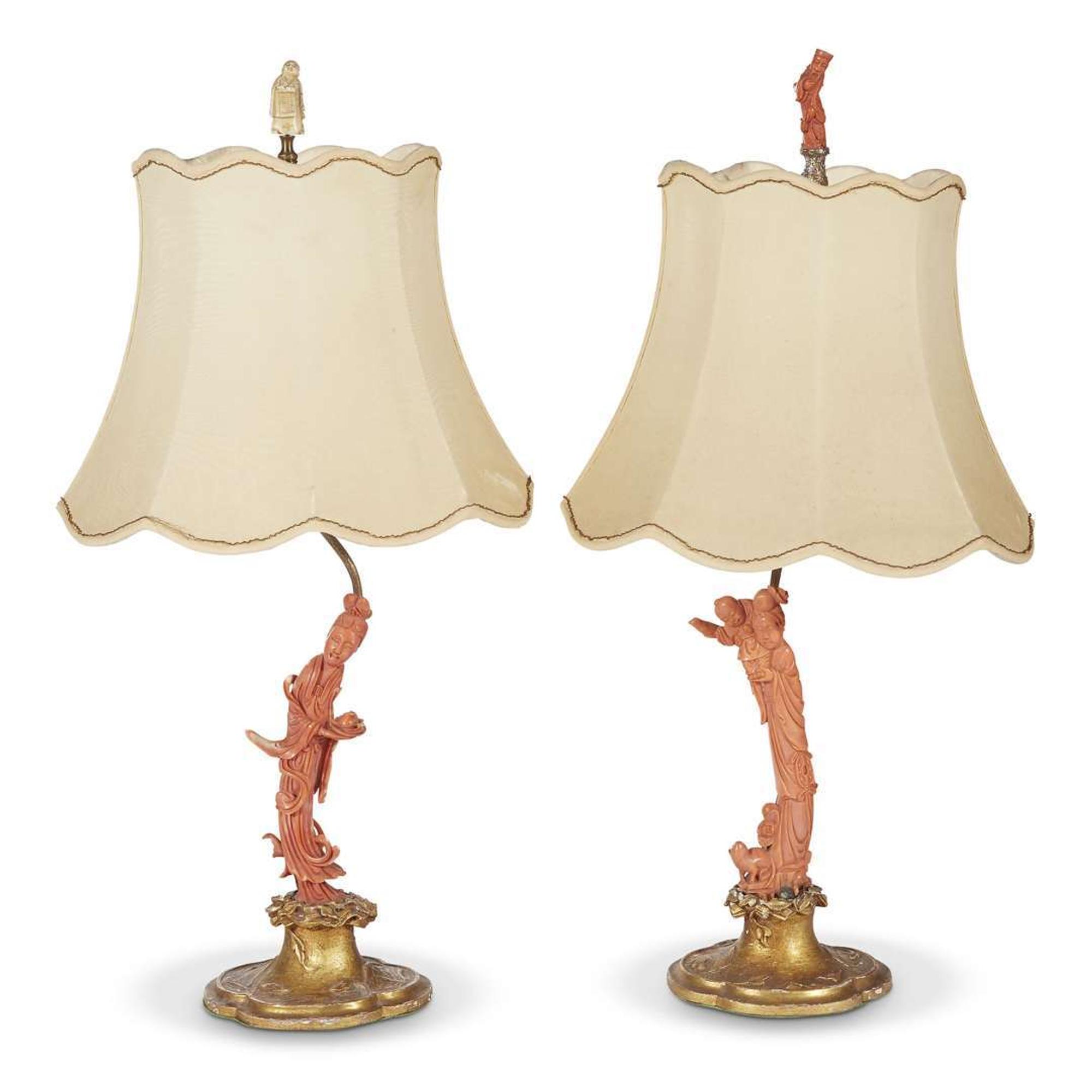An associated pair of Asian carved coral figures of meiren, now mounted as lamps in the manner of E. I. Farmer late 19th/early 20th century, the lamps circa 1920