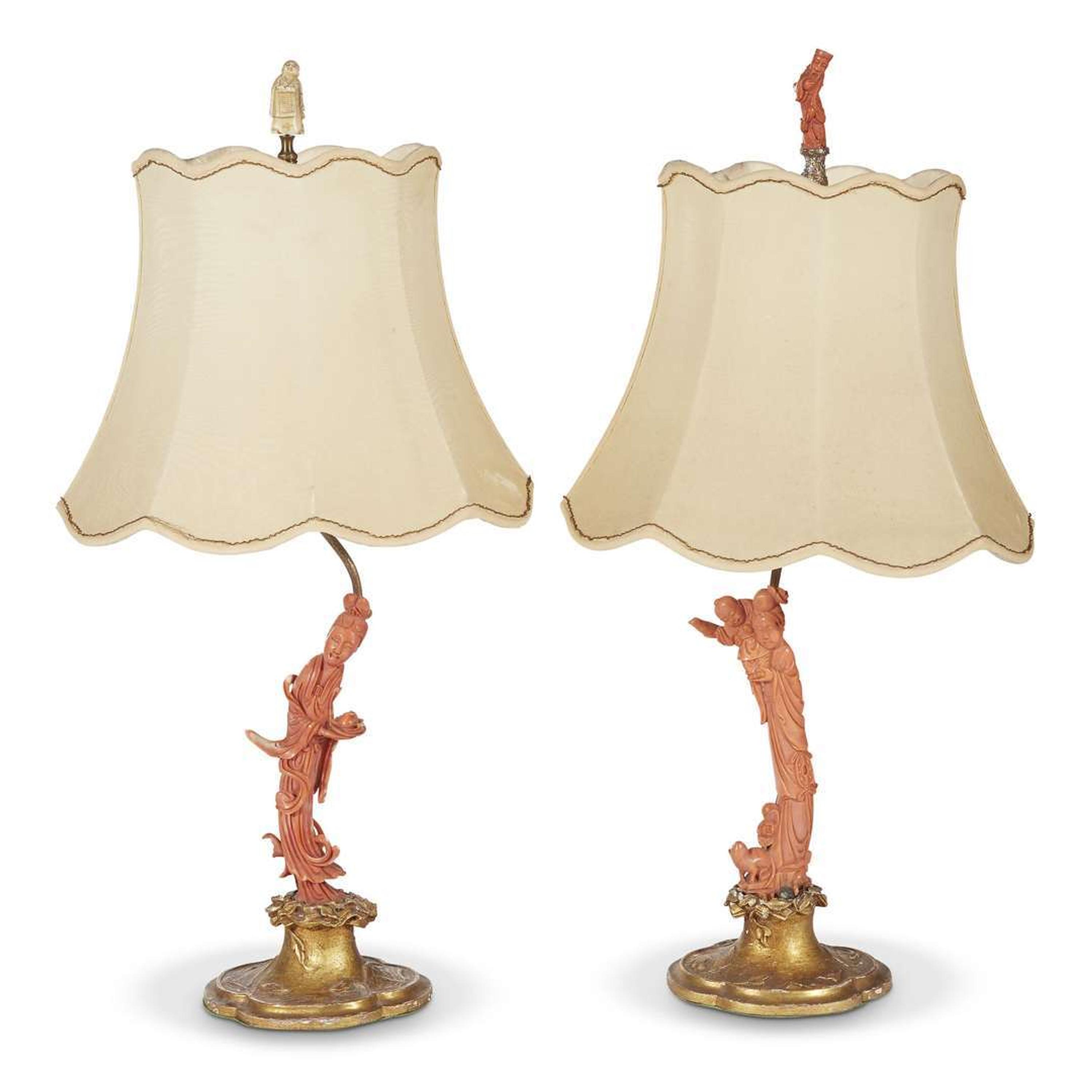 An associated pair of Asian carved coral figures of meiren, now mounted as lamps in the manner of E. I. Farmer late 19th/early 20th century, the lamps circa 1920