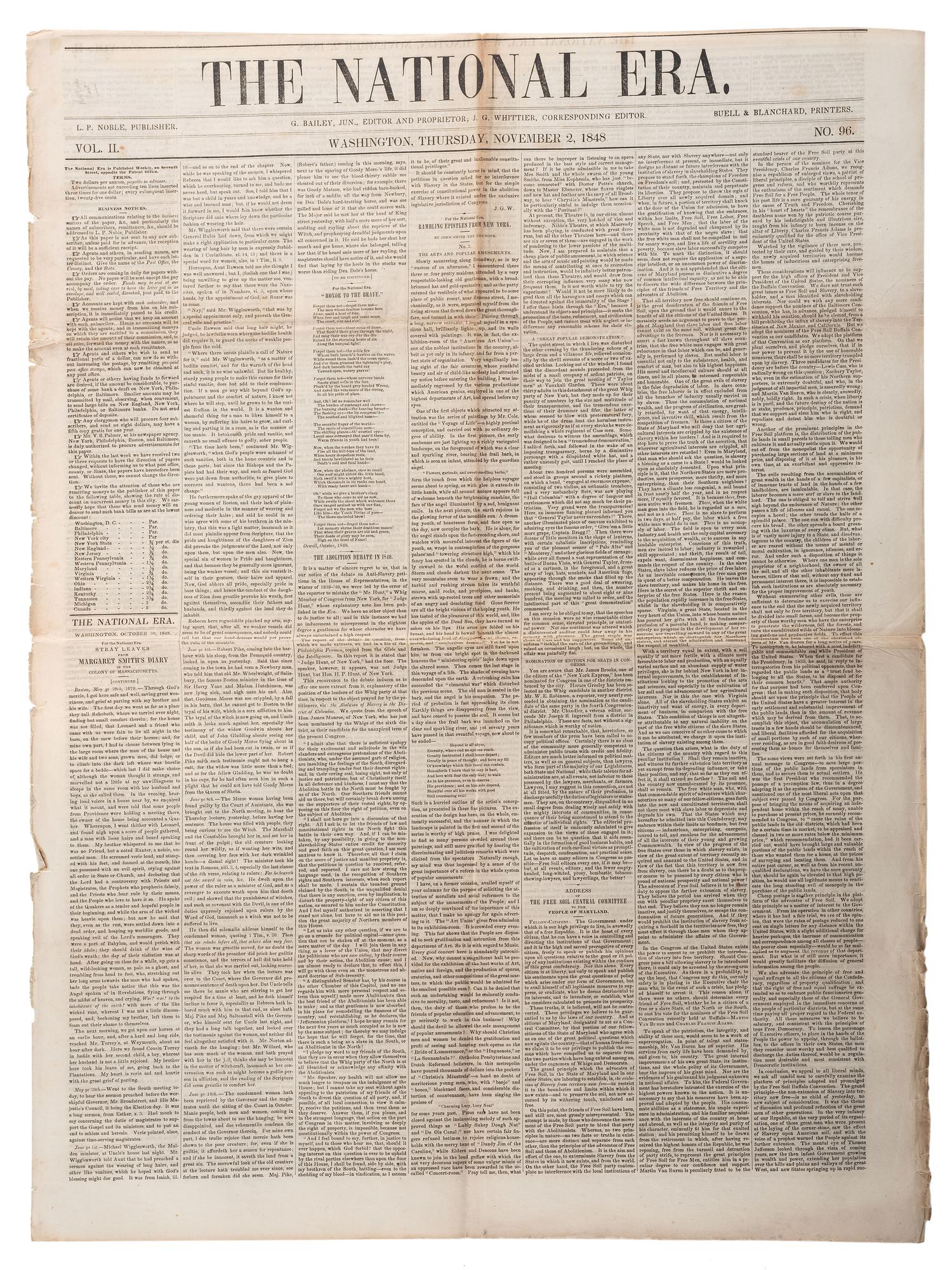 [SLAVERY & ABOLITION]. A group of 4 issues of the anti-slavery paper, The National Era . Washington, DC: American and Foreign Anti-Slavery Society, 1848.