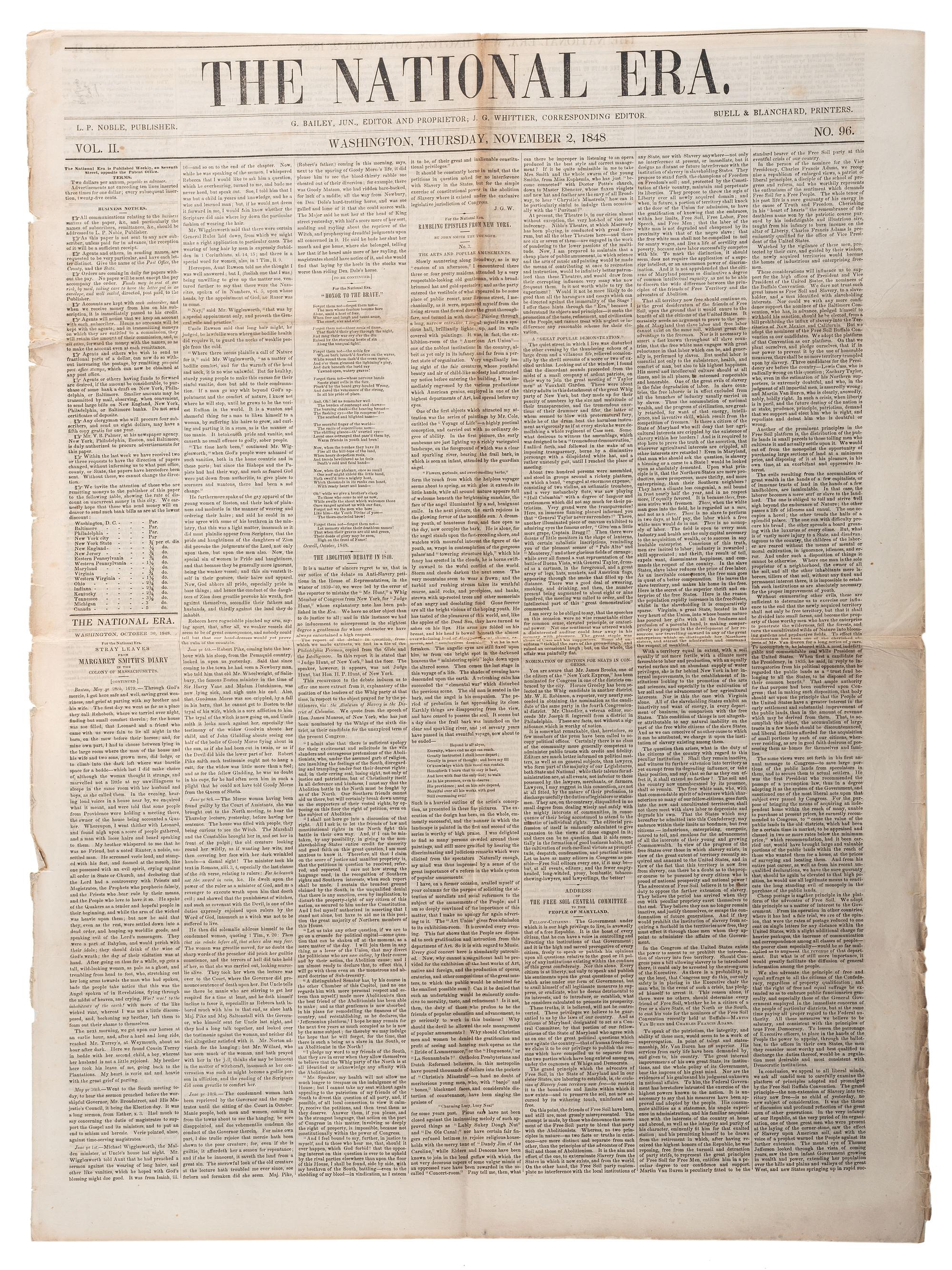 [SLAVERY & ABOLITION]. A group of 4 issues of the anti-slavery paper, The National Era . Washington, DC: American and Foreign Anti-Slavery Society, 1848.
