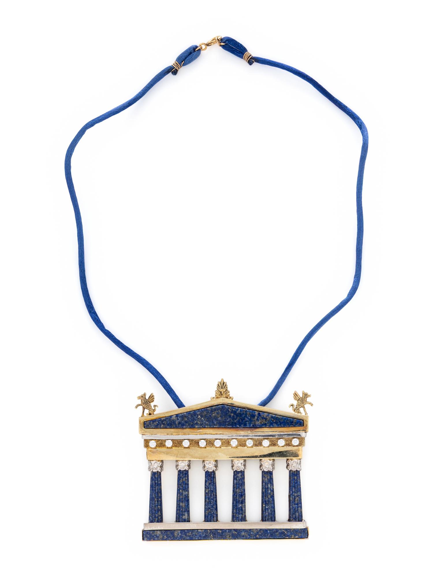 LAPIS LAZULI, DIAMOND, AND GOLD ARCHITECTURAL PENDANT