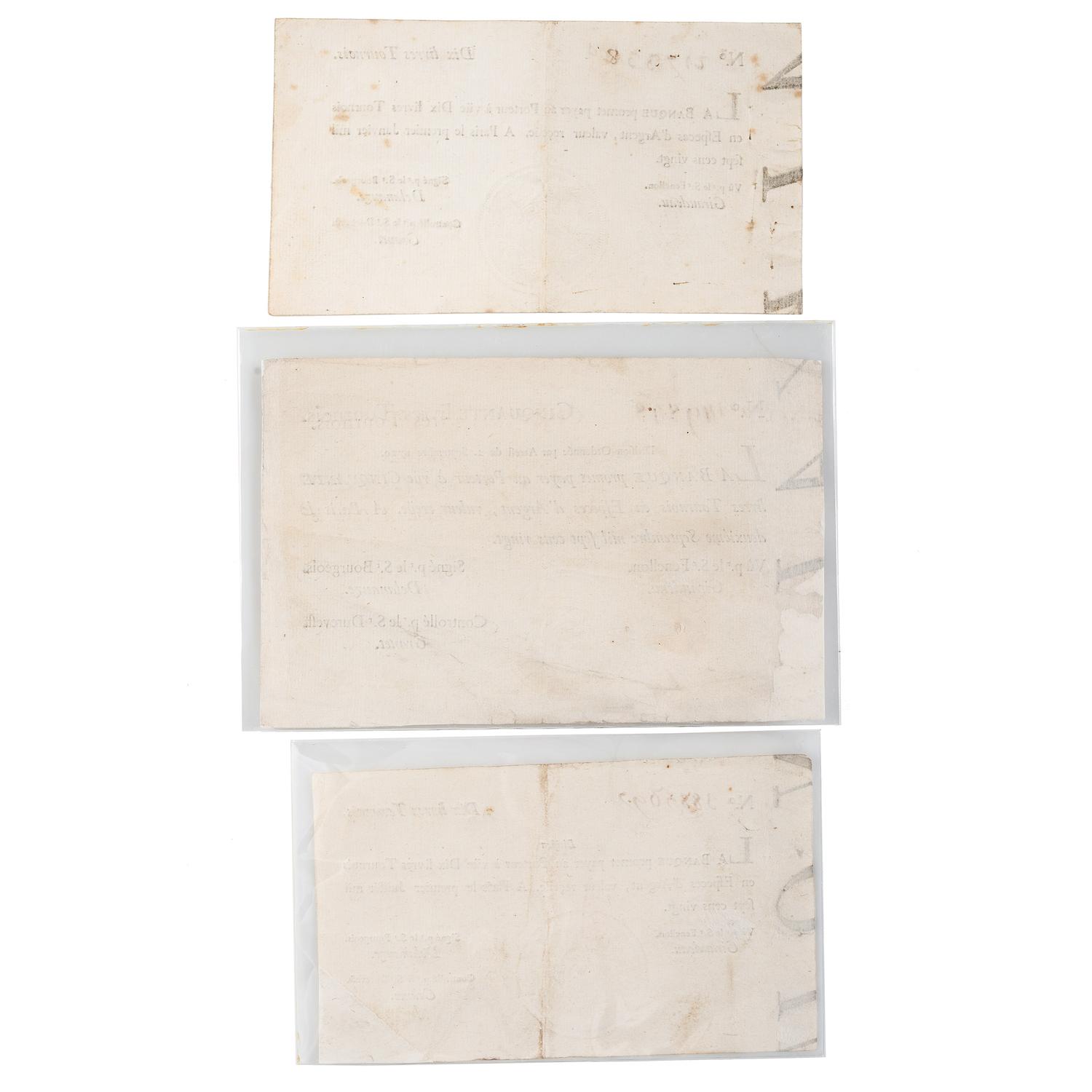 [COLONIAL CURRENCY - LOUISIANA]. A group of 3 Banque Royale, John Law notes, 1720.