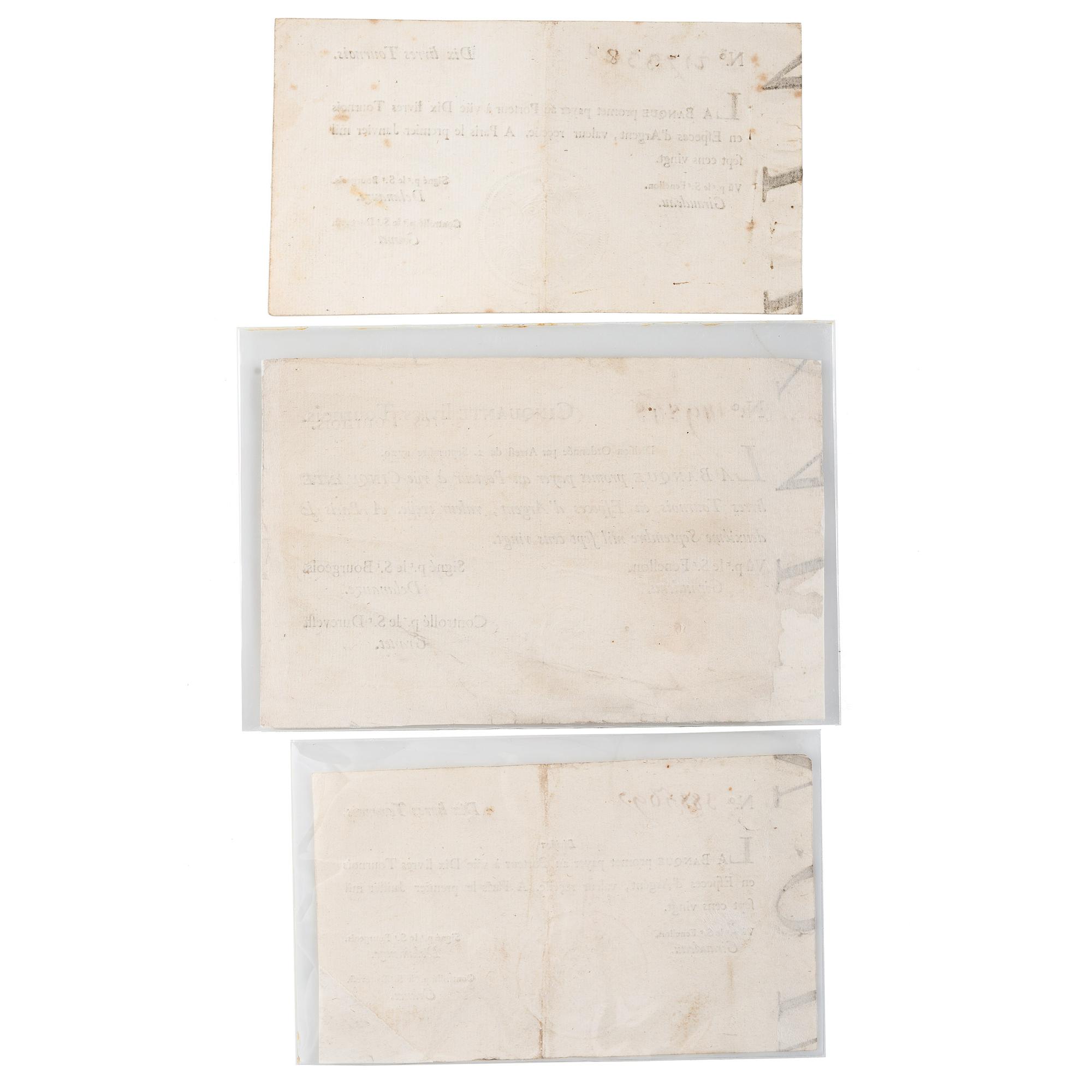 [COLONIAL CURRENCY - LOUISIANA]. A group of 3 Banque Royale, John Law notes, 1720.