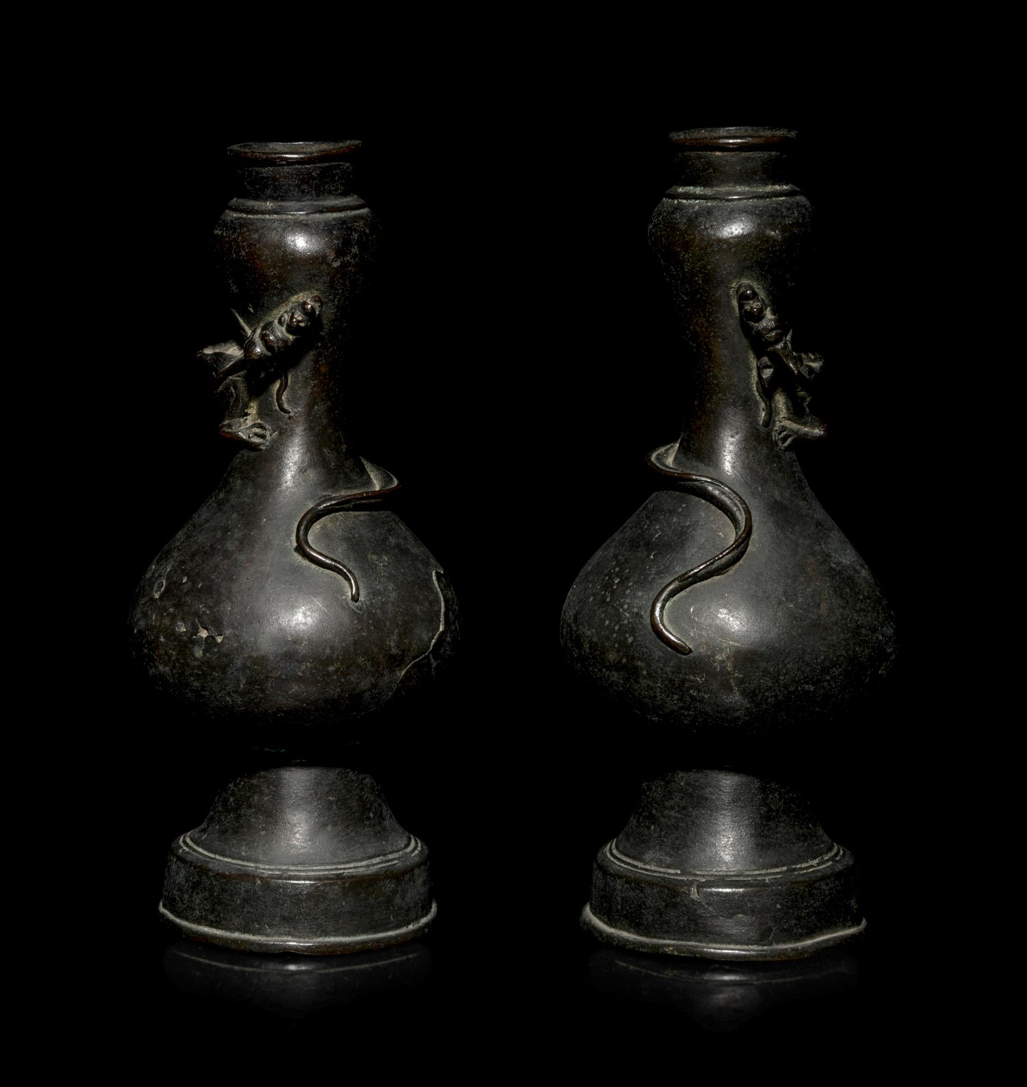 A Pair of Chinese Bronze Bottle Vases