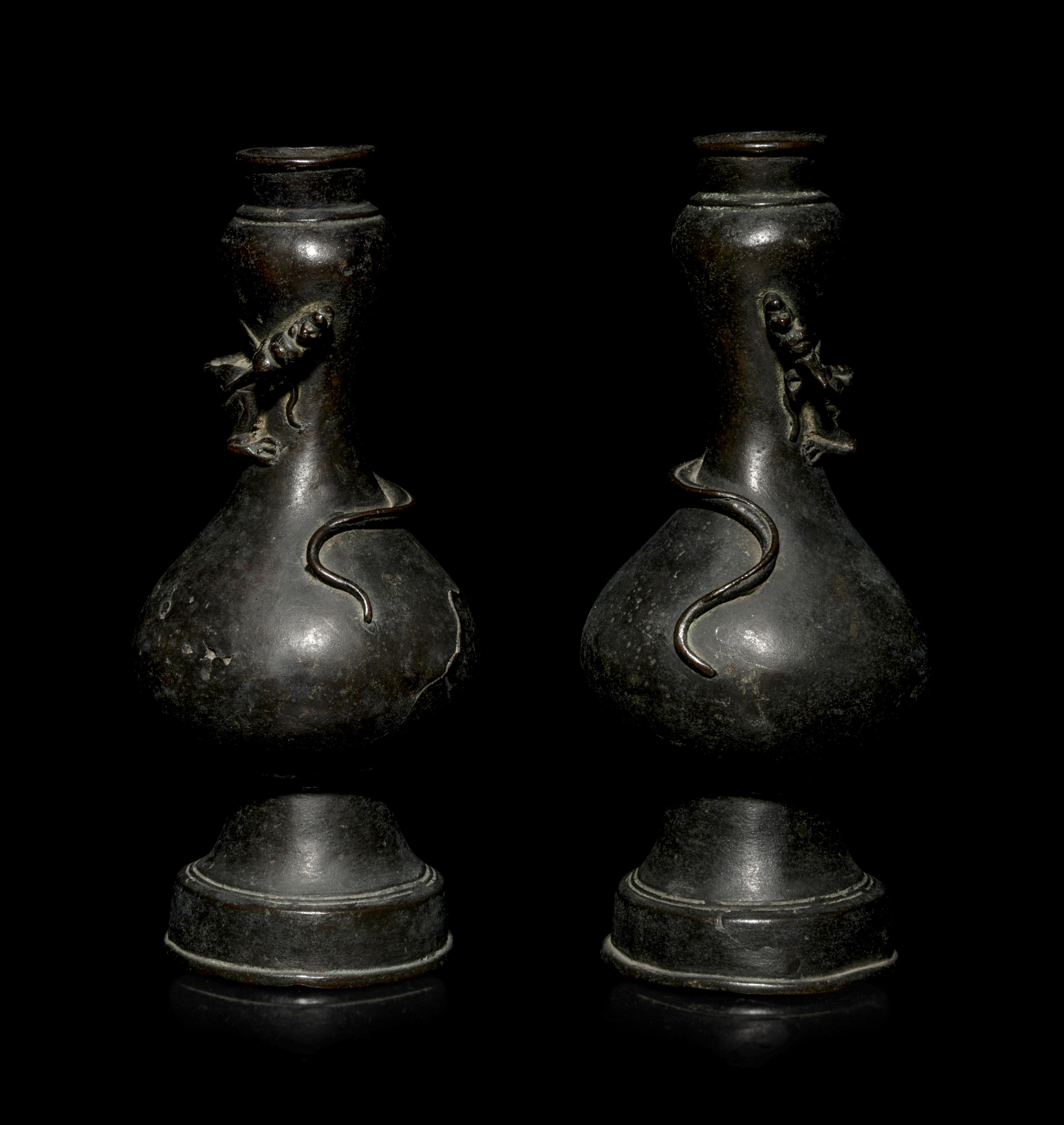 A Pair of Chinese Bronze Bottle Vases