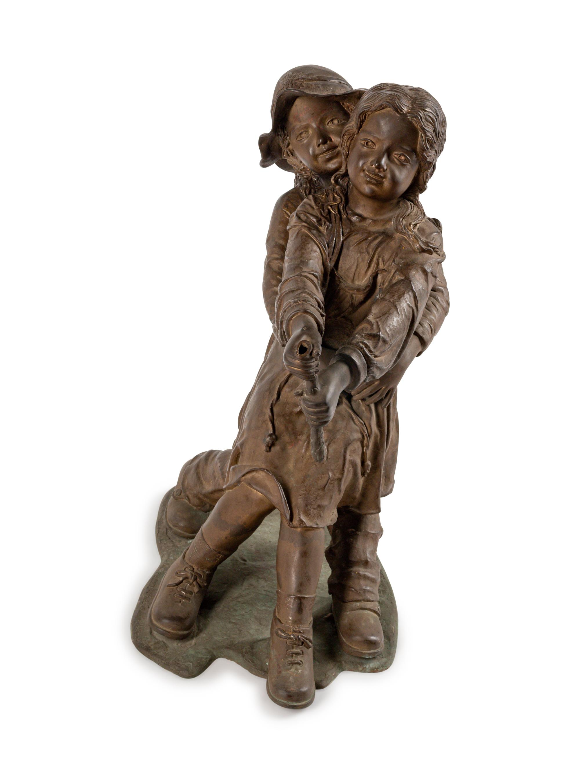 A Continental Patinated Bronze Group of Children in the Garden