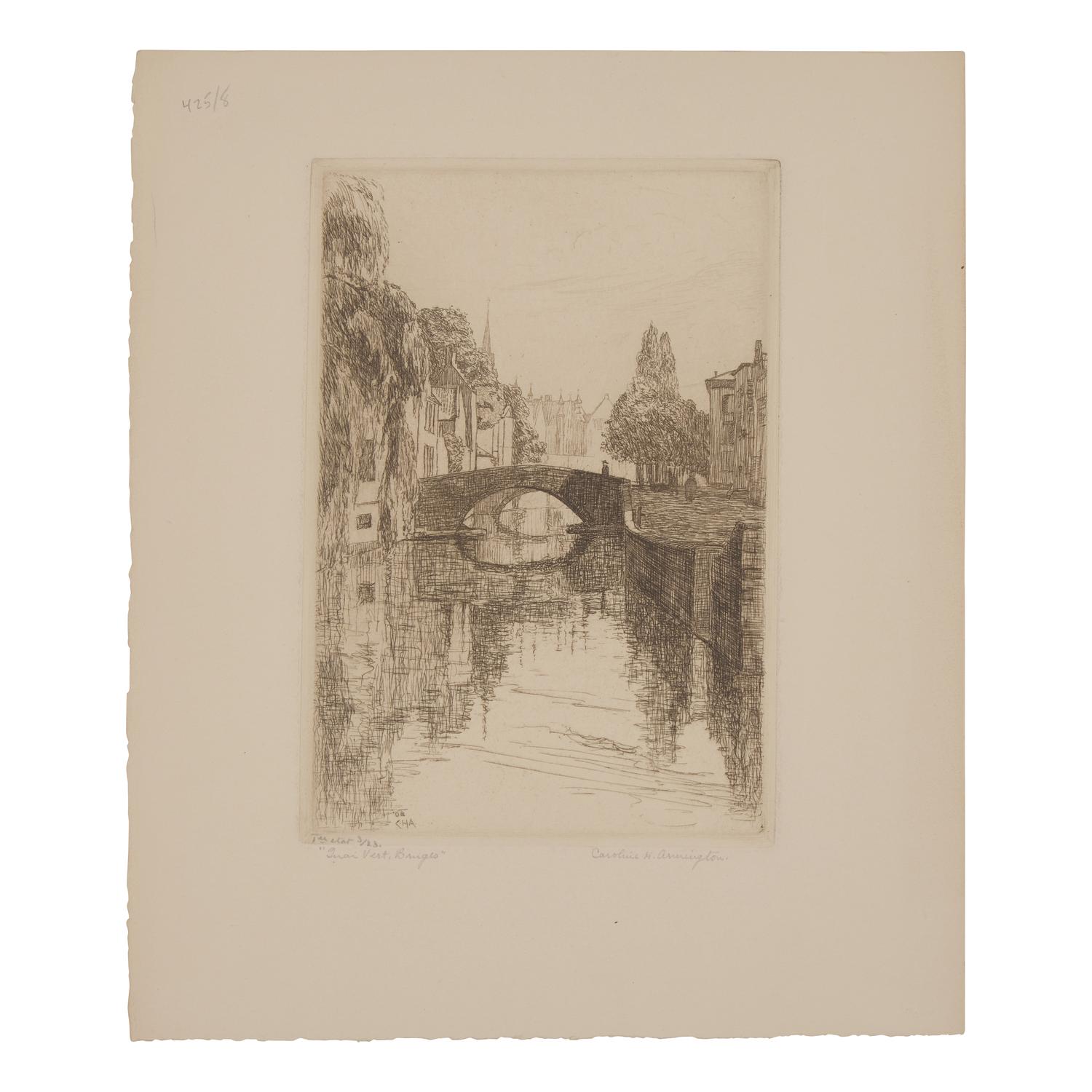 Caroline Helena Armington (American, 1875–1939) — Le Petit Pont a Moret , 1917; Together with Quoi Vert, Bruges , 1908 ; and Ferme a Caudebec-en-Caux , 1921 (Three Works)