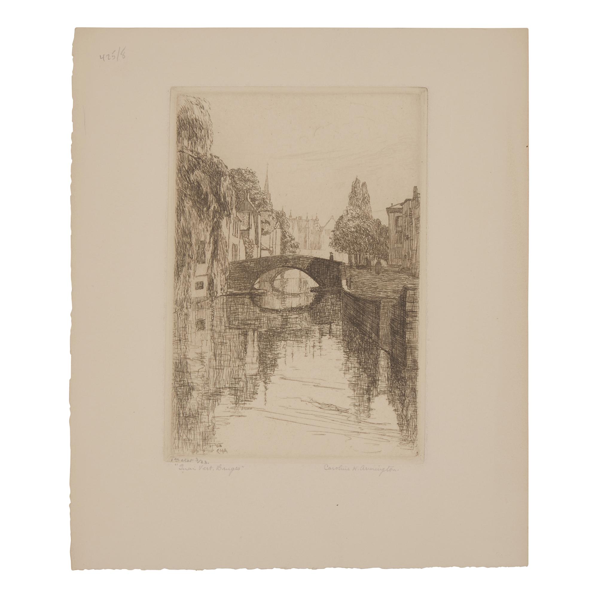 Caroline Helena Armington (American, 1875–1939) — Le Petit Pont a Moret , 1917; Together with Quoi Vert, Bruges , 1908 ; and Ferme a Caudebec-en-Caux , 1921 (Three Works)