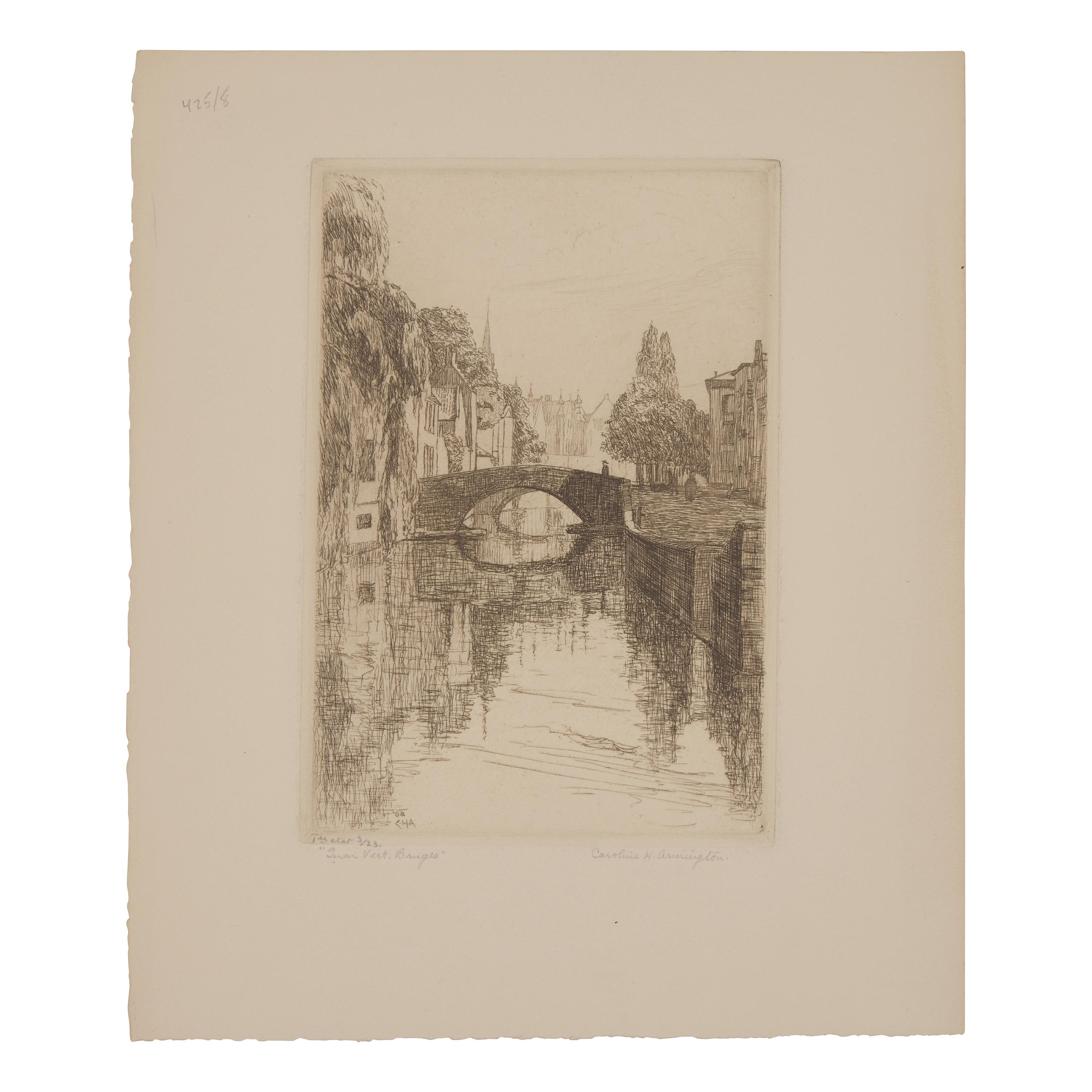 Caroline Helena Armington (American, 1875–1939) — Le Petit Pont a Moret , 1917; Together with Quoi Vert, Bruges , 1908 ; and Ferme a Caudebec-en-Caux , 1921 (Three Works)