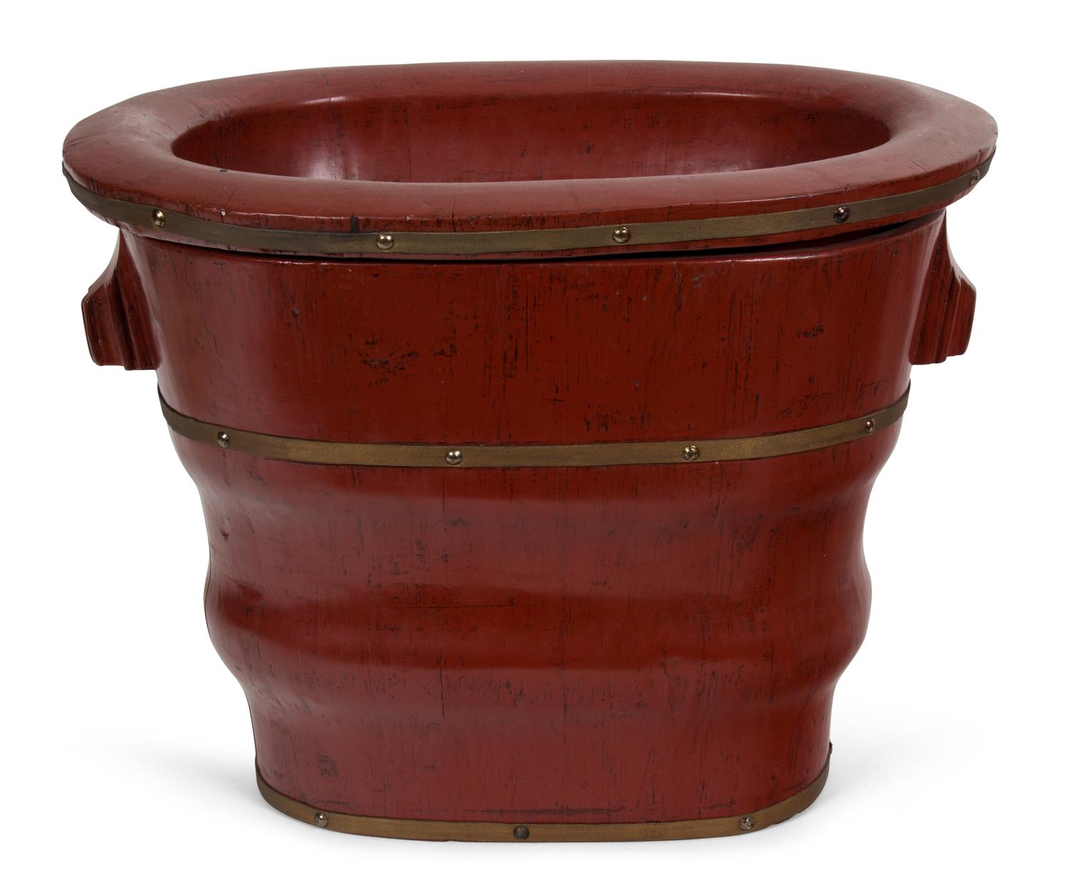 A Lacquered Wood Brass Bound Jardiniere Height 15 1/4 inches. — 20TH CENTURY