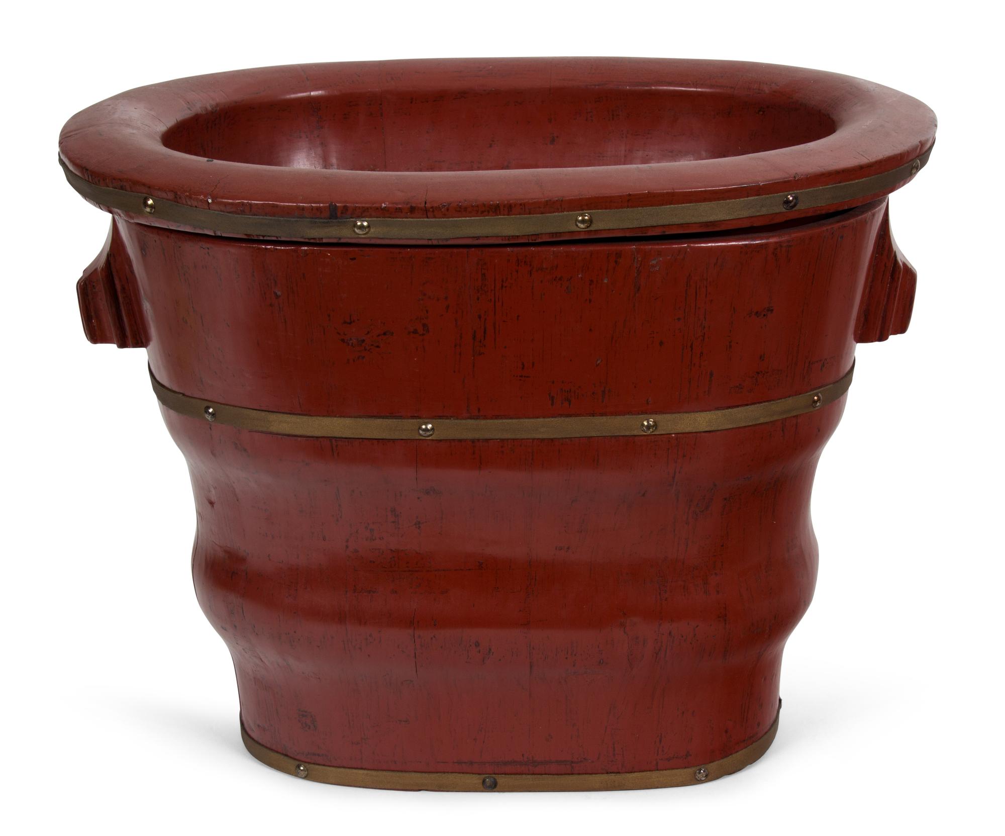 A Lacquered Wood Brass Bound Jardiniere Height 15 1/4 inches. — 20TH CENTURY