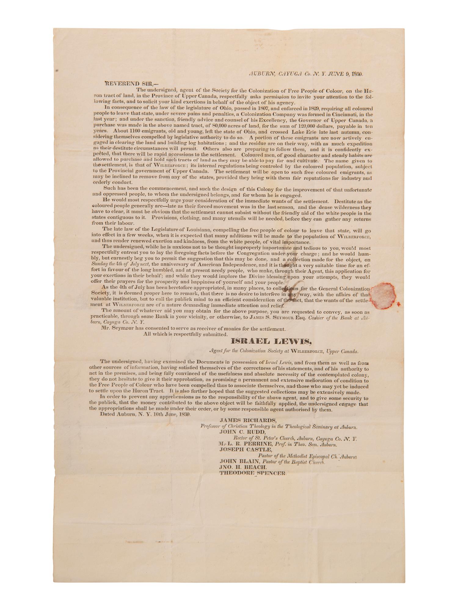 [COLONIZATION]. Circular soliciting donations for residents of the Wilberforce Colony in Canada.