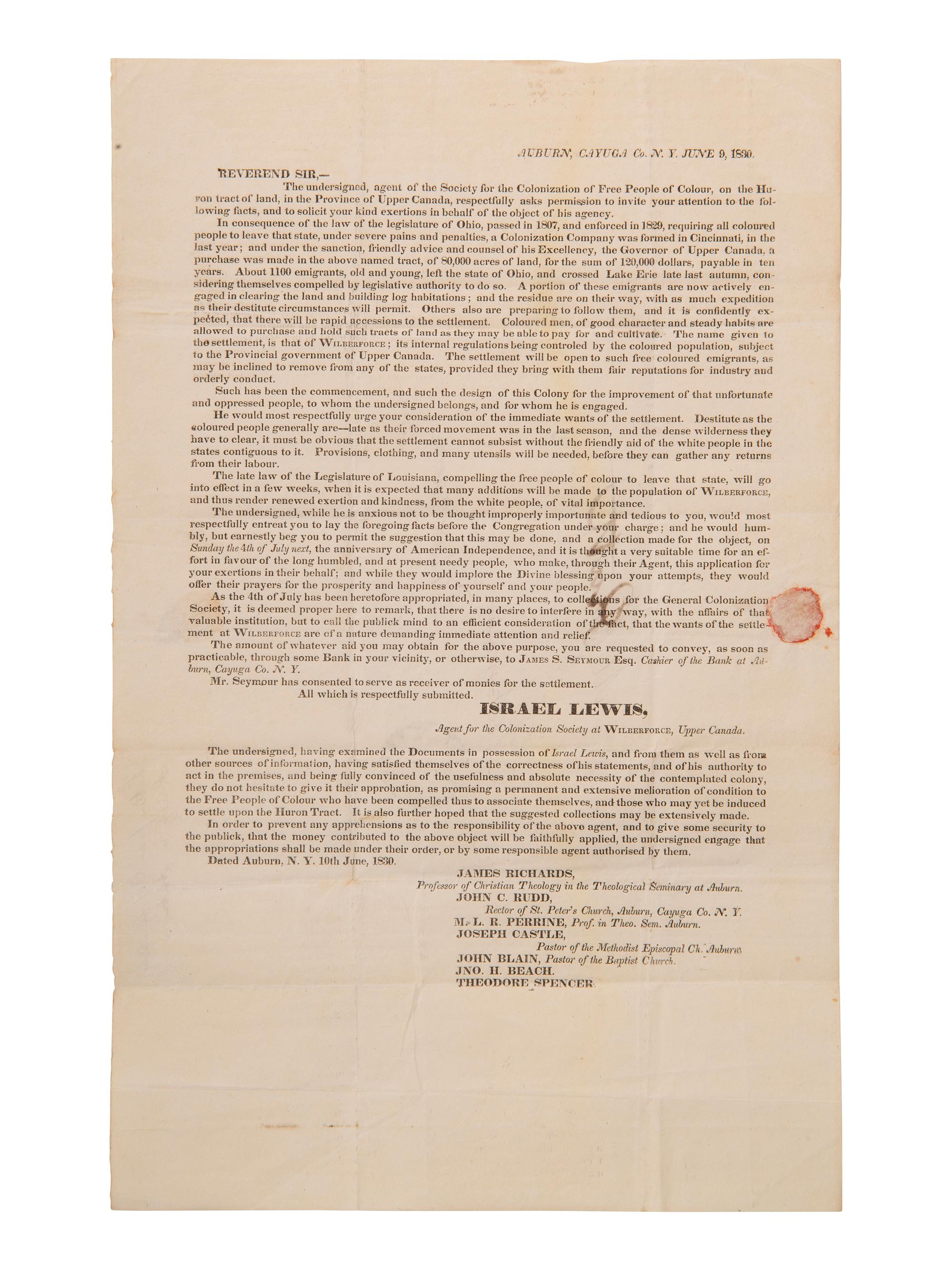 [COLONIZATION]. Circular soliciting donations for residents of the Wilberforce Colony in Canada.