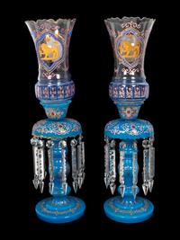 A Pair of Bohemian Enameled Opaline Glass Lusters for the Persian Market