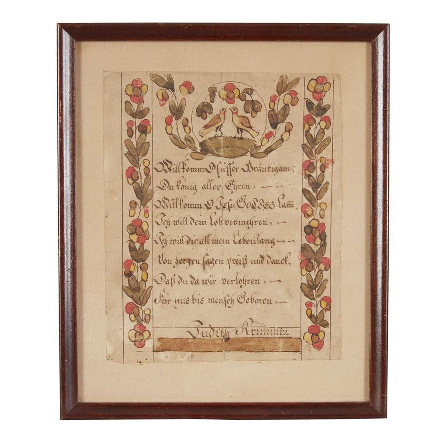 Attributed to the Blowsey Angel Artist Two fraktur for Judith Krim, dated "1793," Northampton County, PA