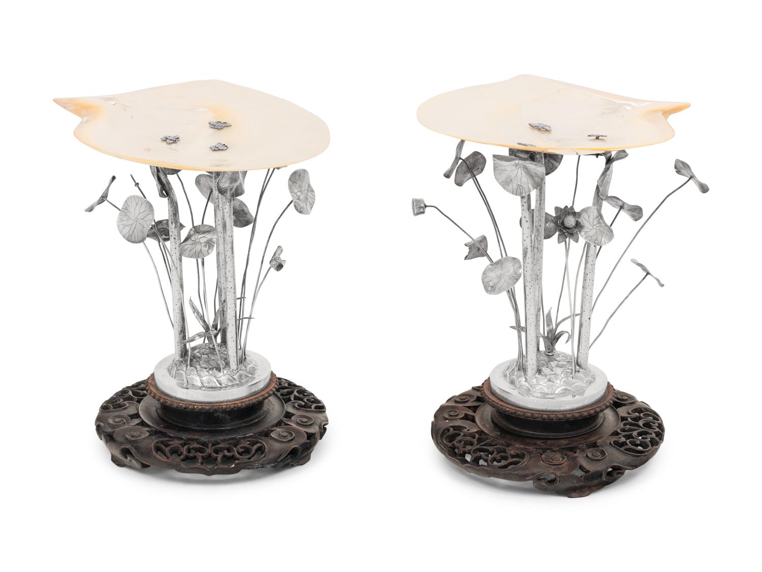 A Pair of Chinese Export Silver and Mother-of-Pearl Table Ornaments