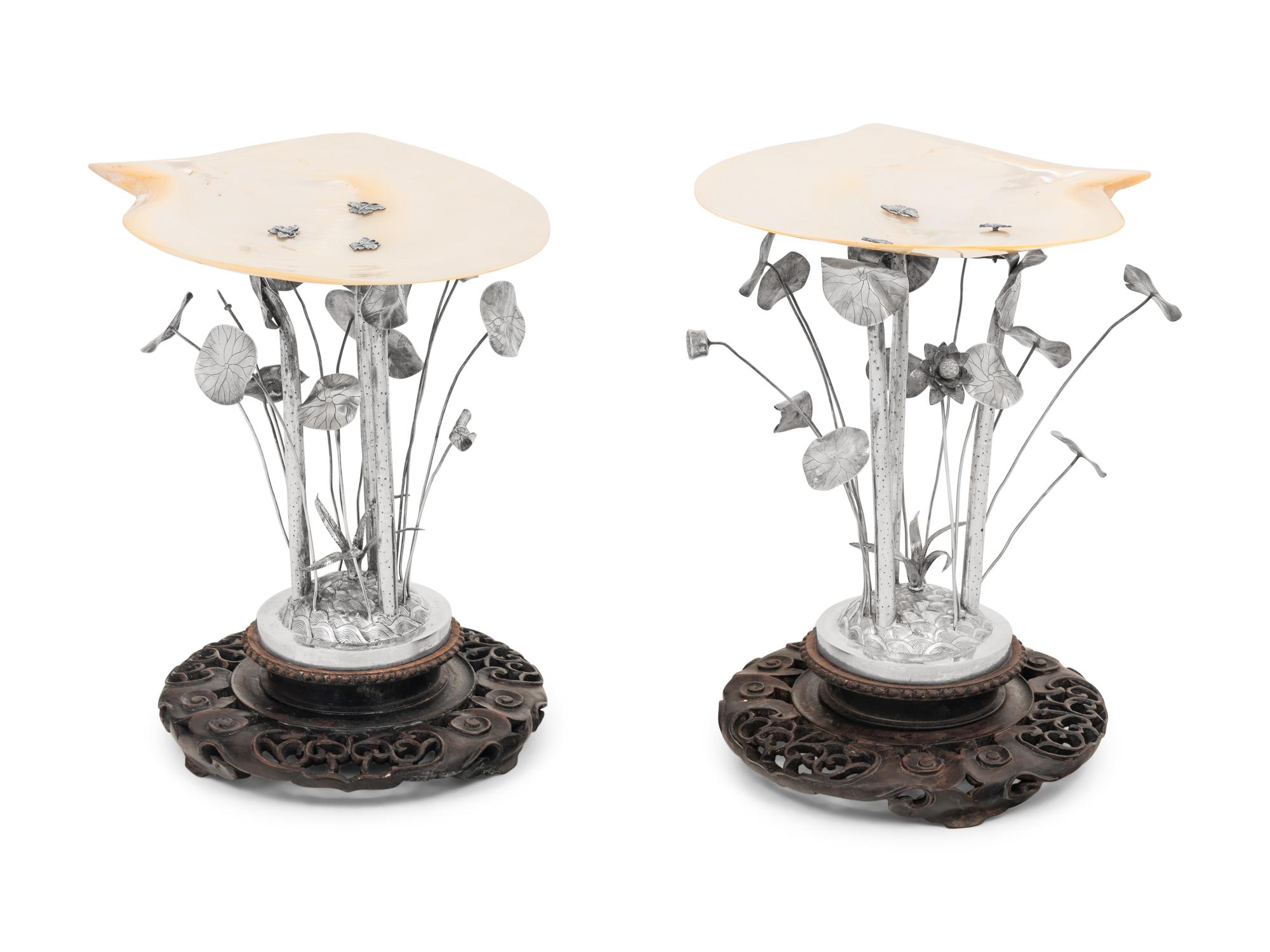 A Pair of Chinese Export Silver and Mother-of-Pearl Table Ornaments