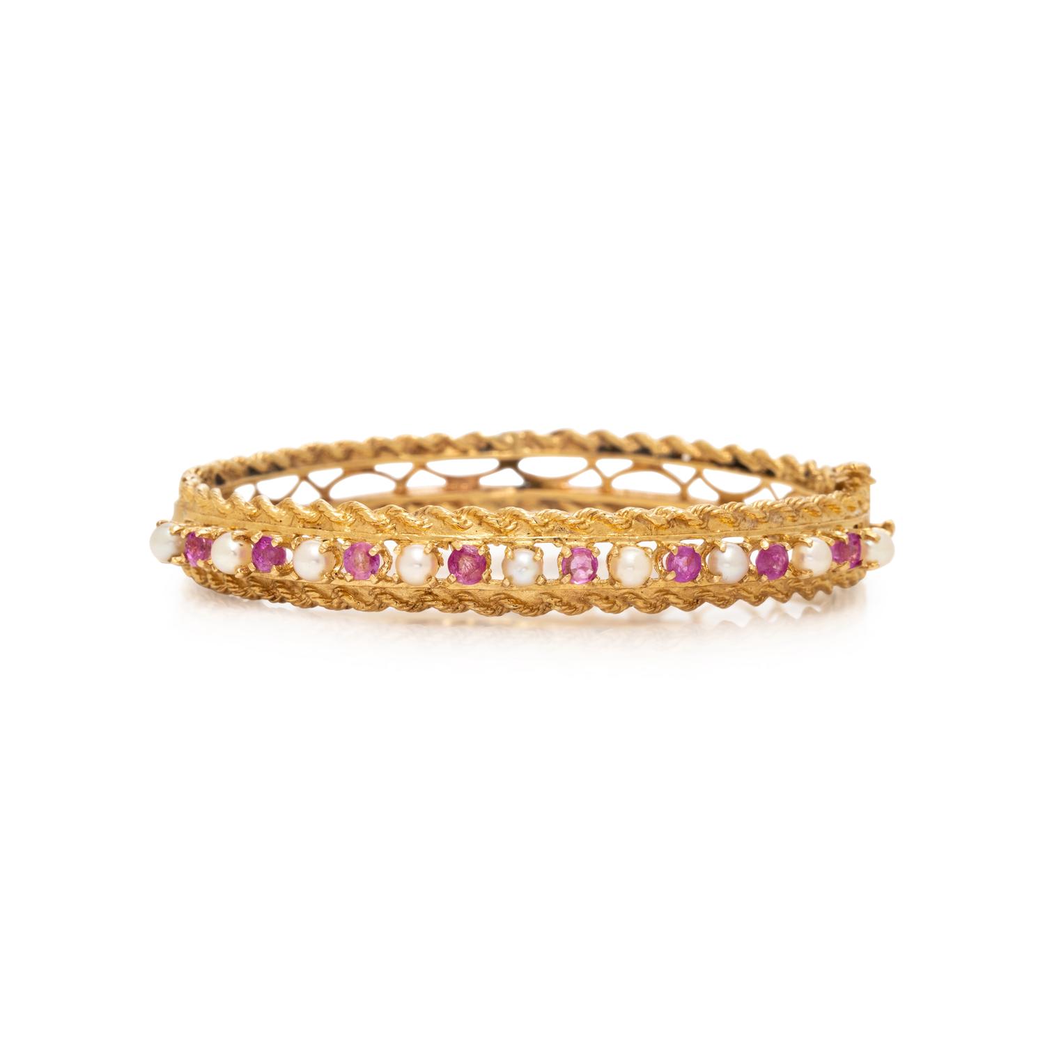 PINK SAPPHIRE, SEED PEARL, AND YELLOW GOLD BANGLE BRACELET