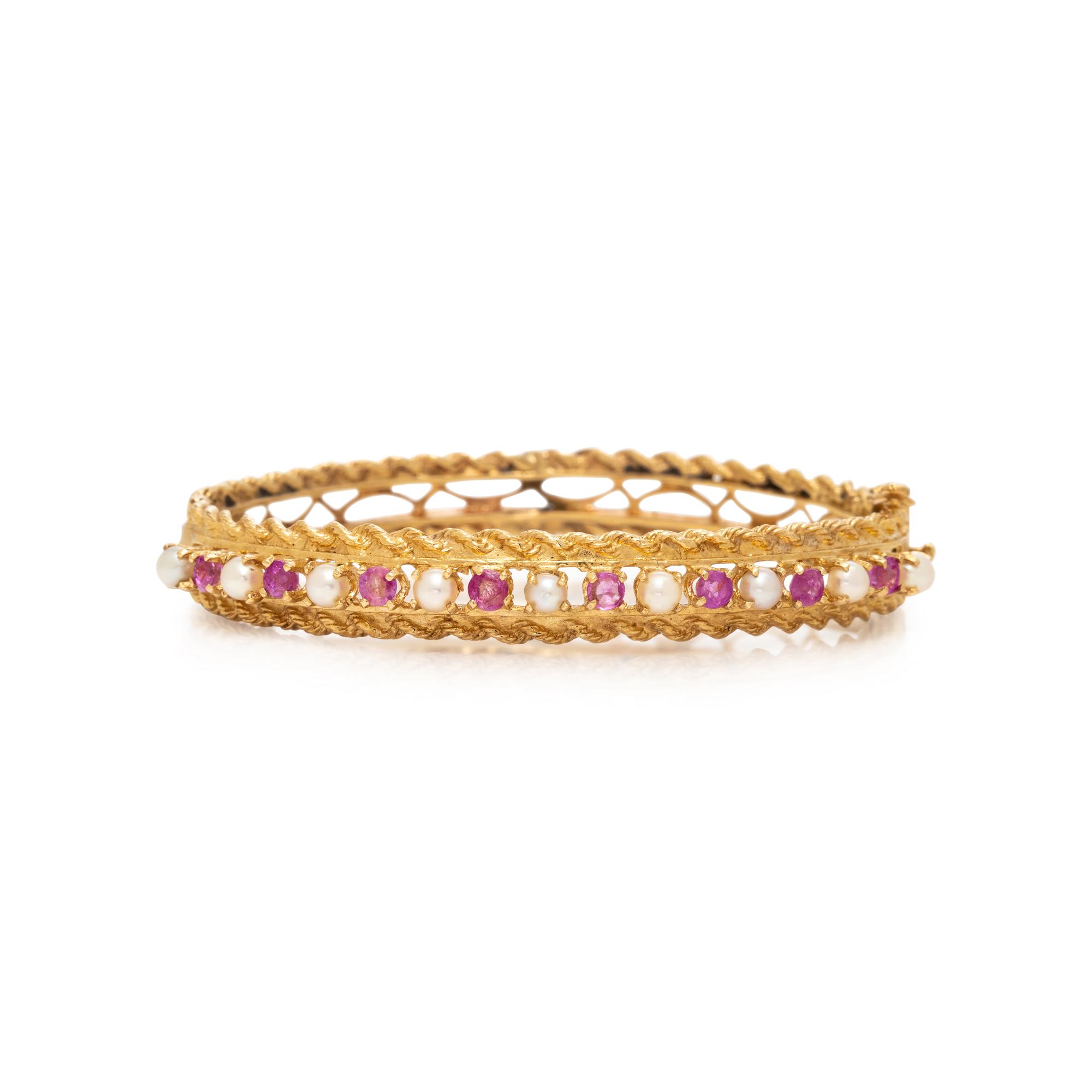 PINK SAPPHIRE, SEED PEARL, AND YELLOW GOLD BANGLE BRACELET