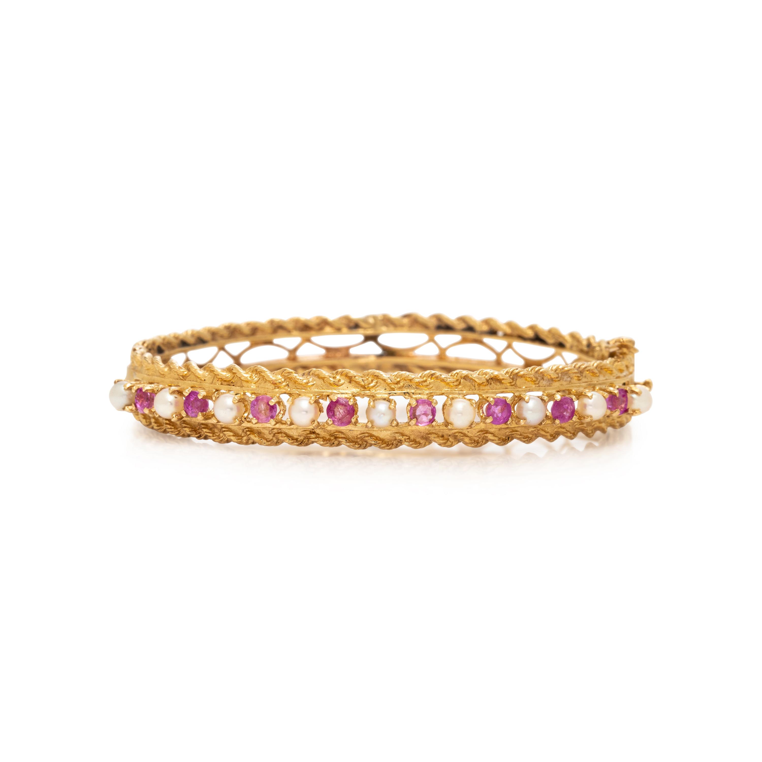 PINK SAPPHIRE, SEED PEARL, AND YELLOW GOLD BANGLE BRACELET