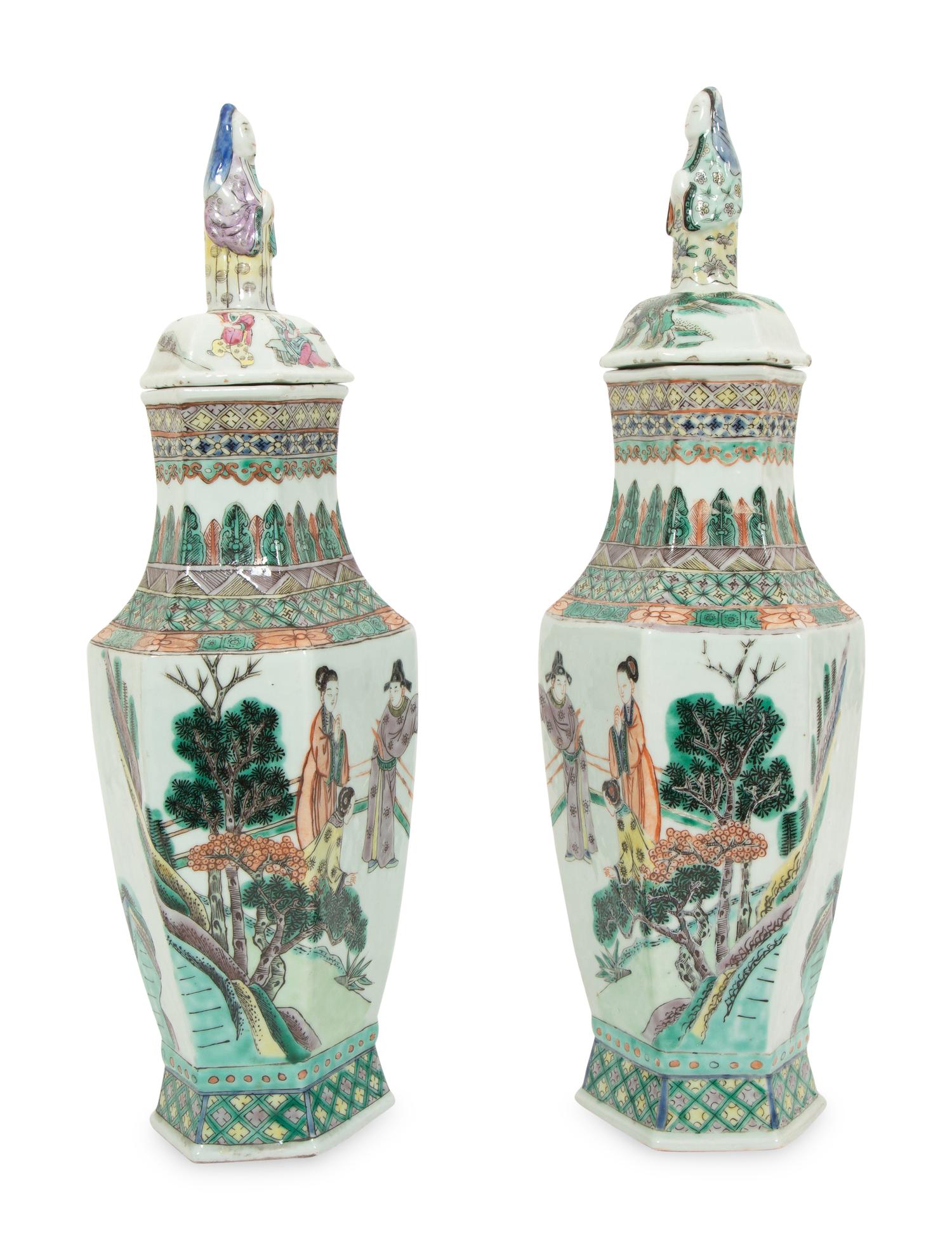 A Pair of Chinese Famille Verde Porcelain Lidded Vases