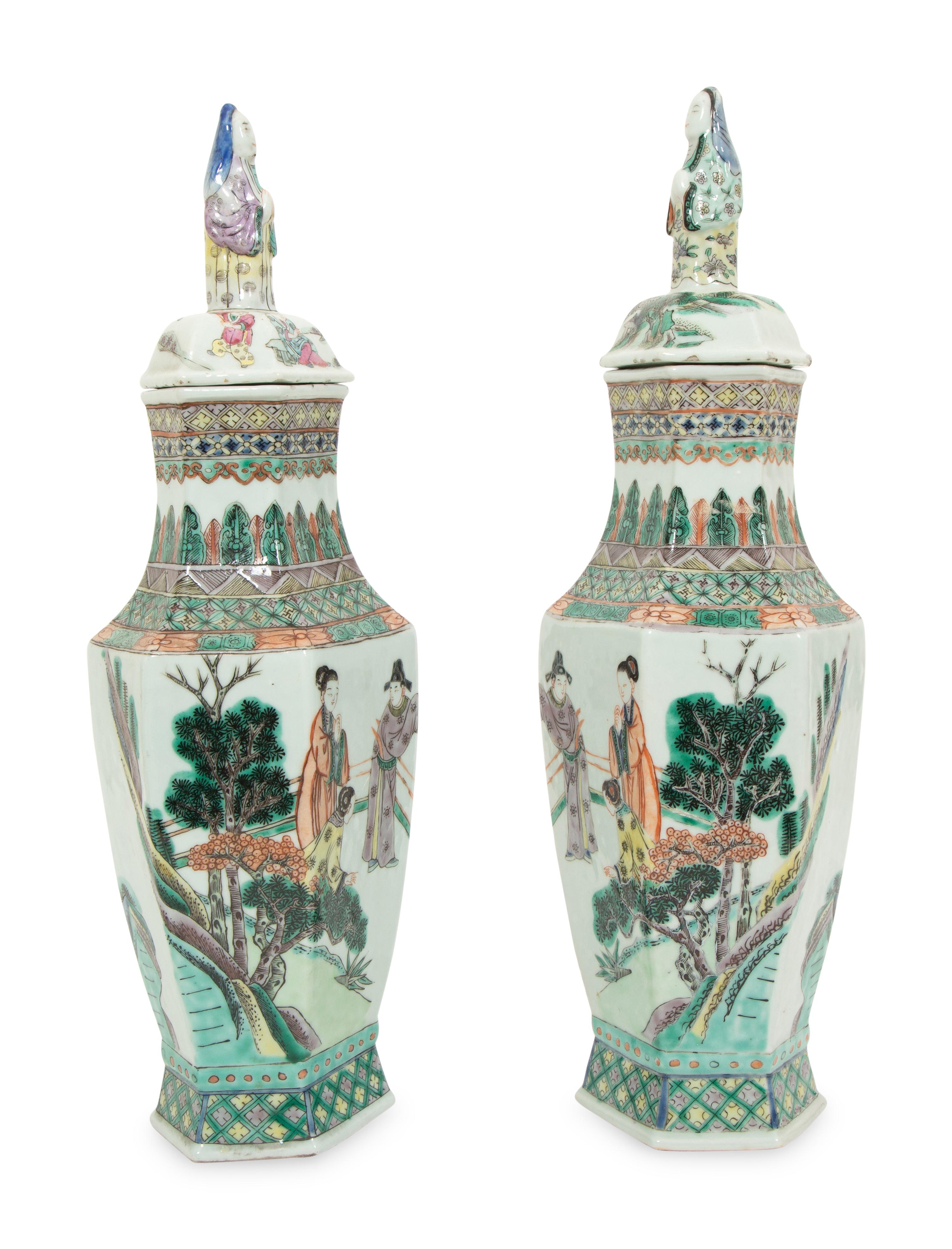 A Pair of Chinese Famille Verde Porcelain Lidded Vases