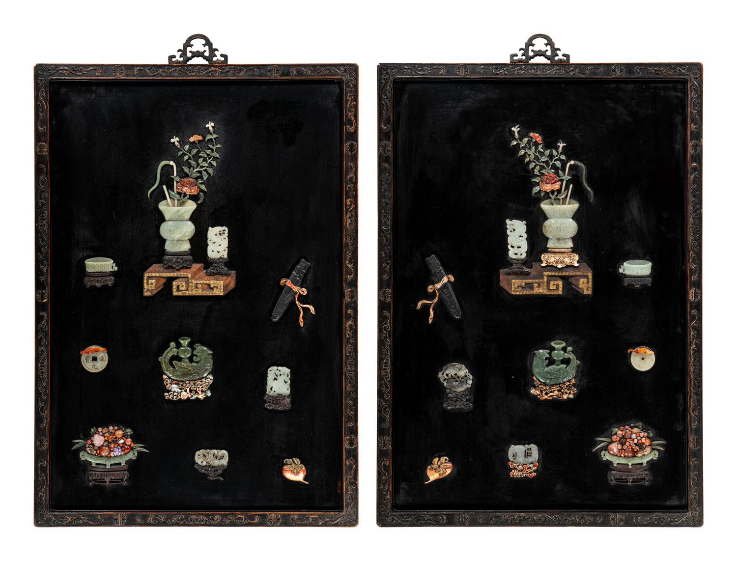 A Pair of Chinese Embellished Black Lacquered Wall Panels