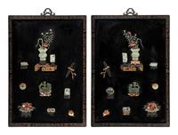 A Pair of Chinese Embellished Black Lacquered Wall Panels