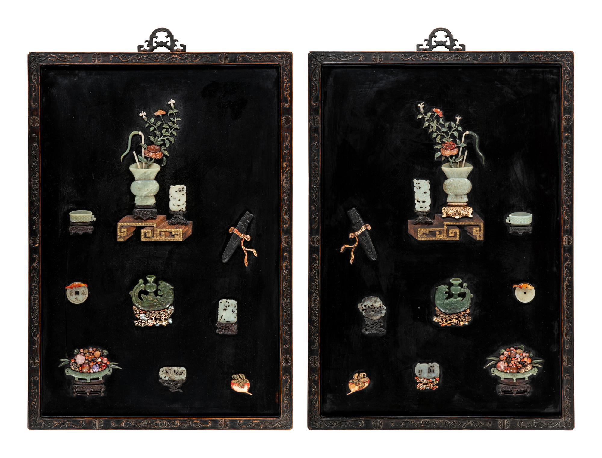 A Pair of Chinese Embellished Black Lacquered Wall Panels