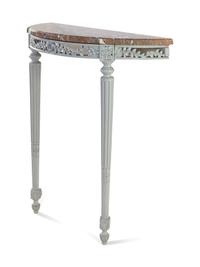 A Louis XVI Style White-Painted Marble-Top Demilune Console Table