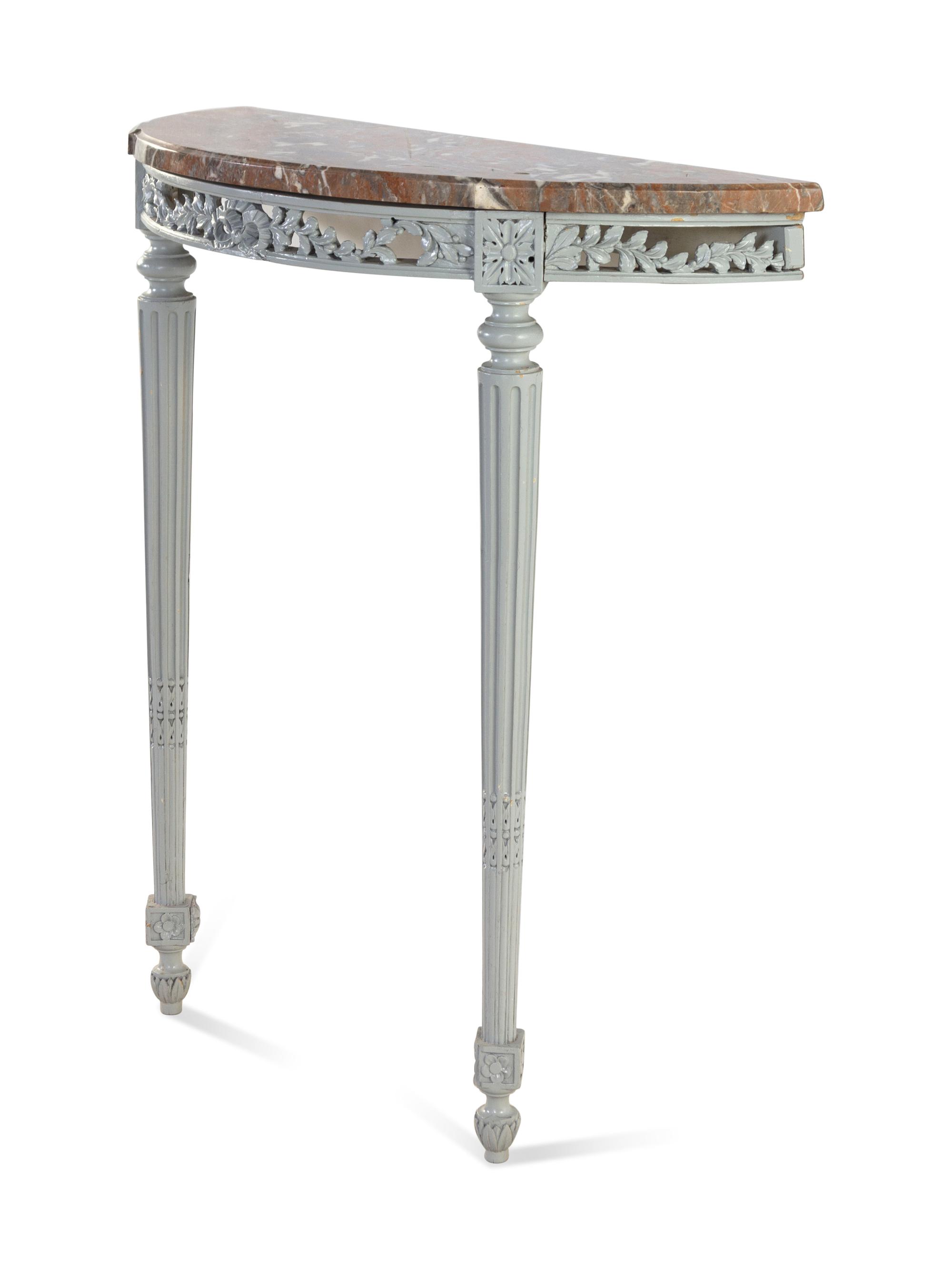 A Louis XVI Style White-Painted Marble-Top Demilune Console Table