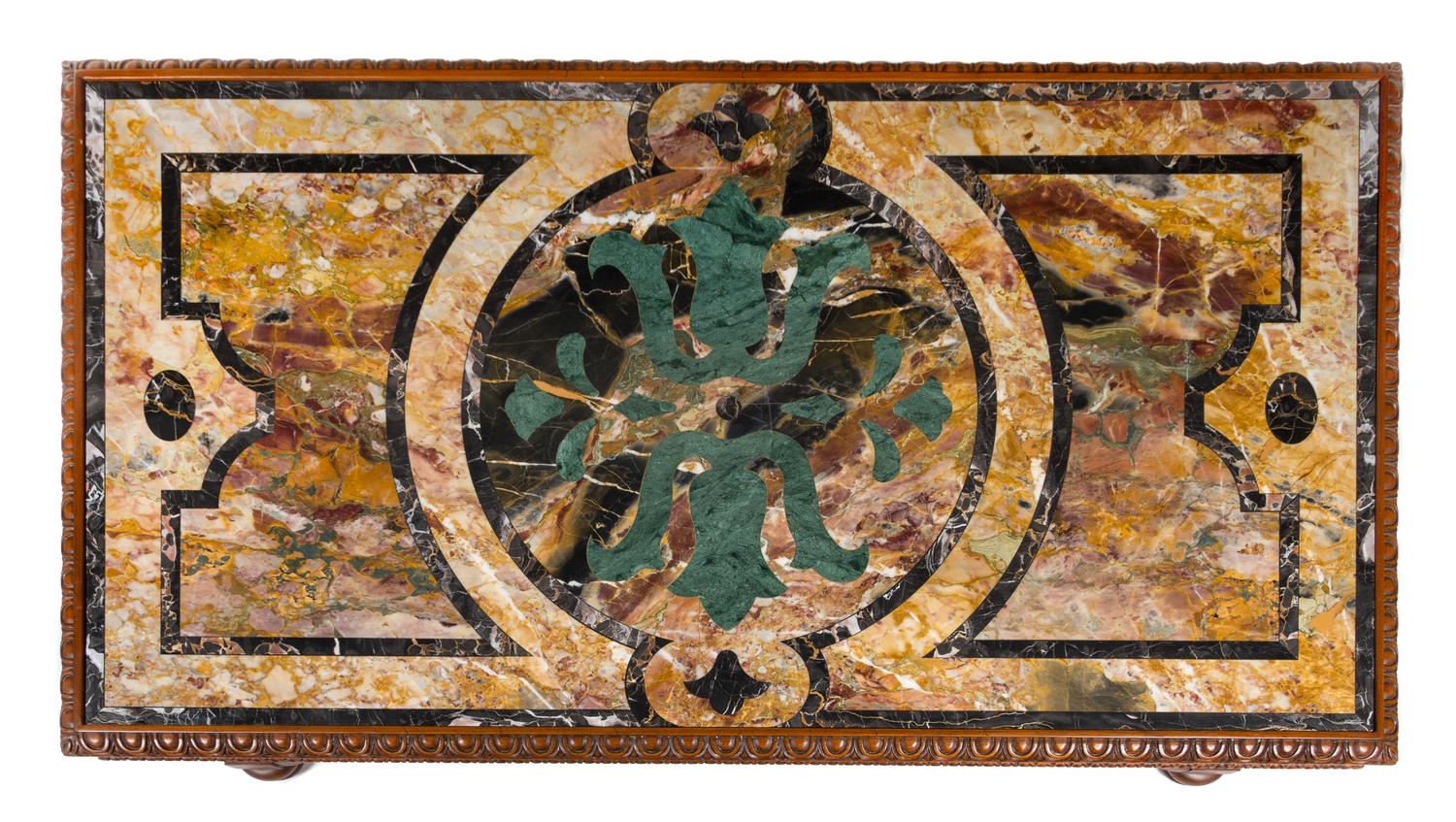A Louis XIII Style Walnut and Marble Low Table Height 18 x width 72 x depth 40 inches. — 20TH CENTURY