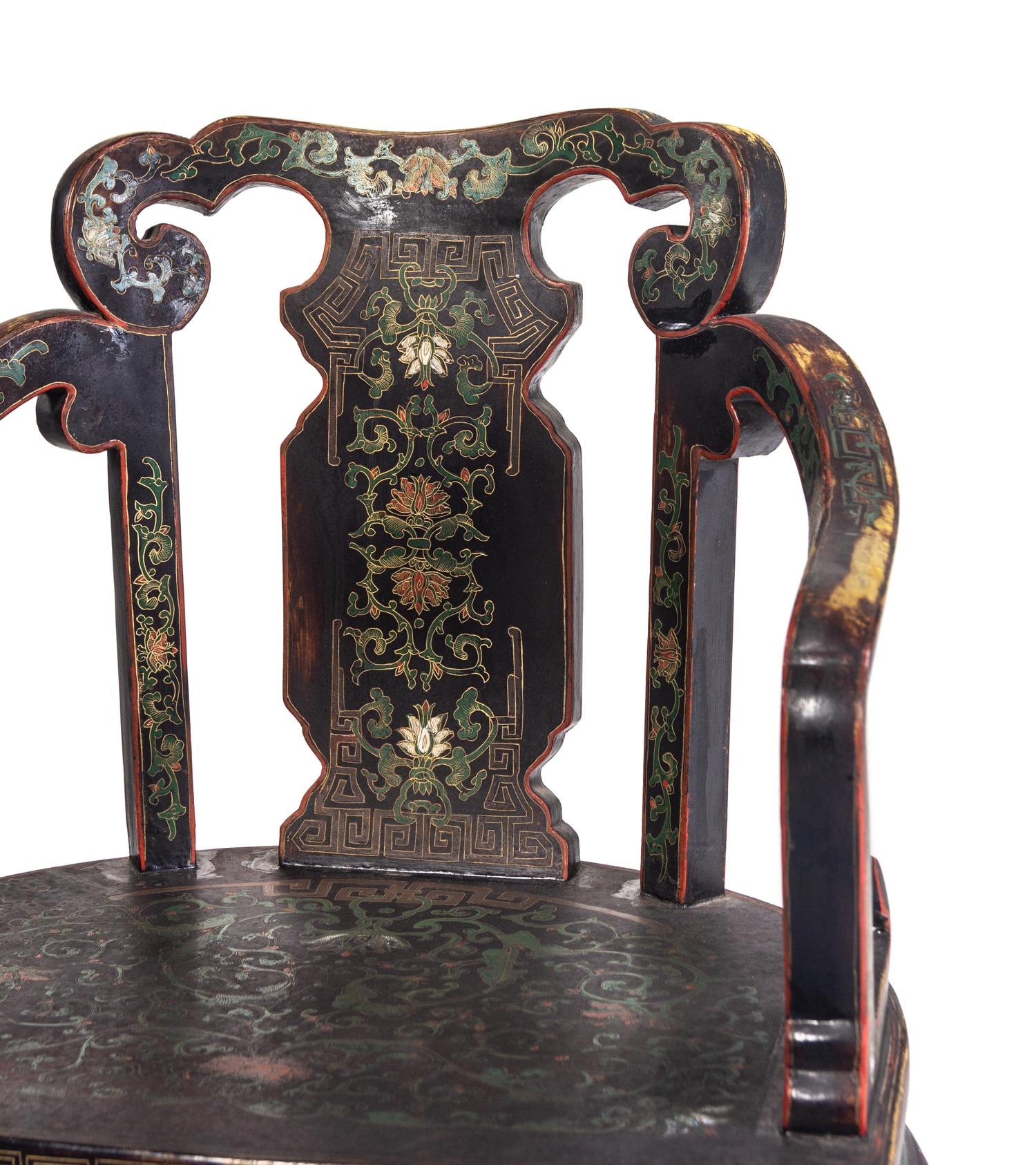 A Pair of Chinese Export Black Lacquer Armchairs