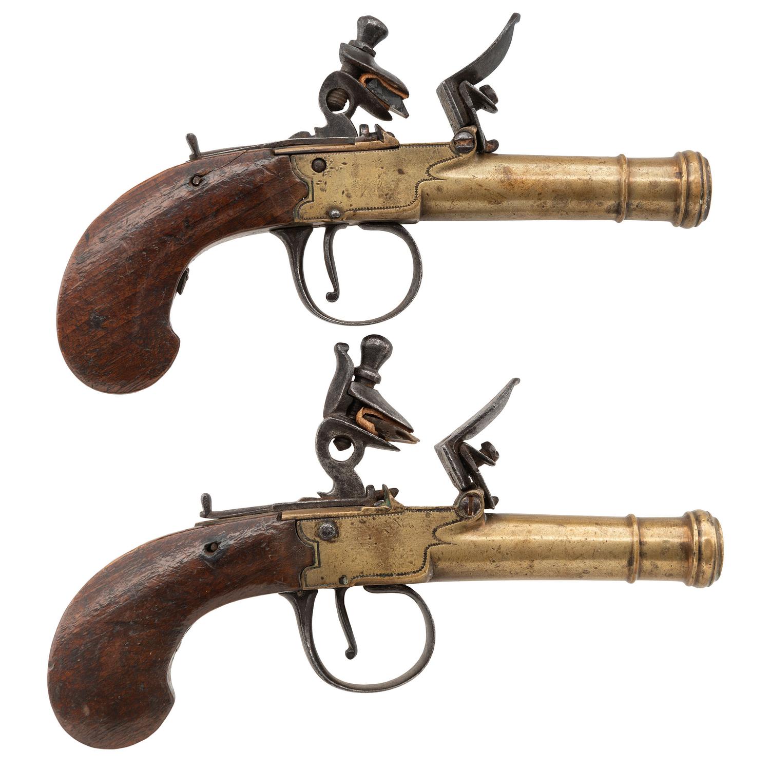 Pair of Unmarked Continental Box Lock Flint Brass Cannon Barrel Pocket Pistols