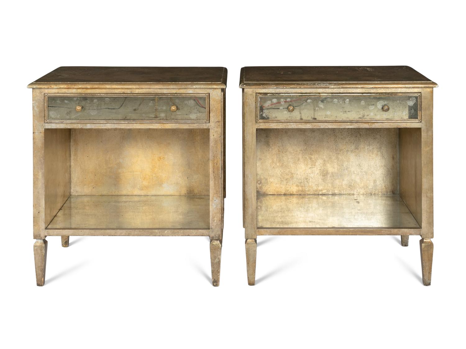 A Pair of Niermann Weeks Mirror-Veneered Silver Leaf Bedside Cabinets