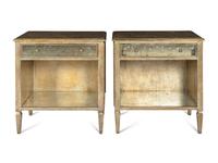 A Pair of Niermann Weeks Mirror-Veneered Silver Leaf Bedside Cabinets